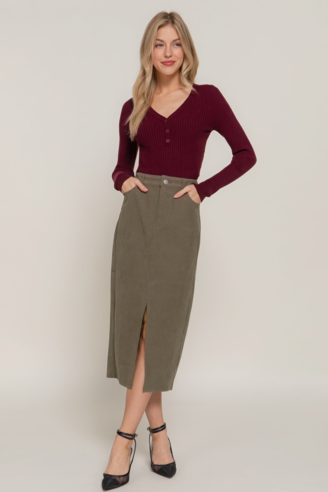 Front Open Slit Corduroy Midi Skirt product image
