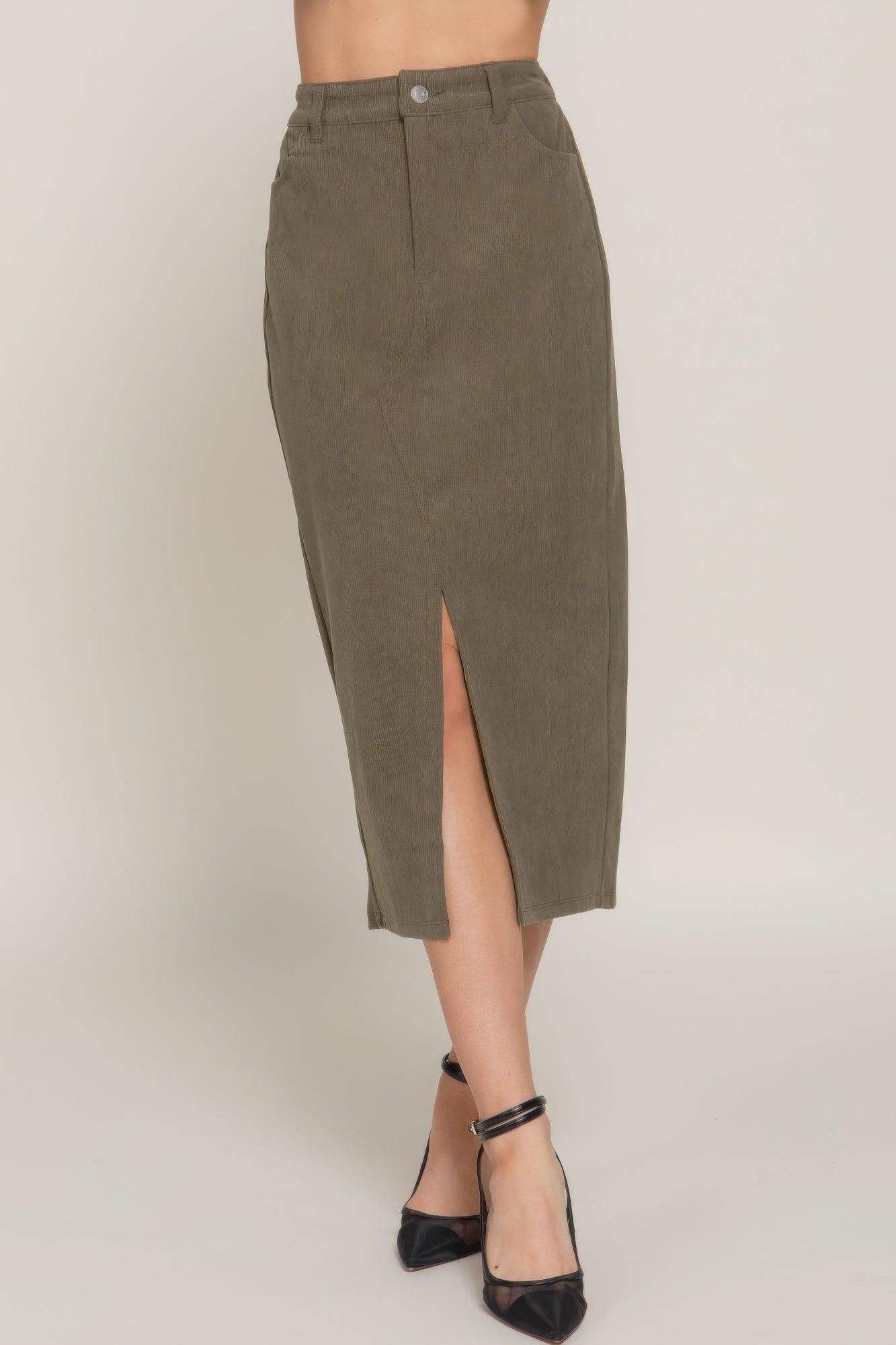 Front Open Slit Corduroy Midi Skirt product image
