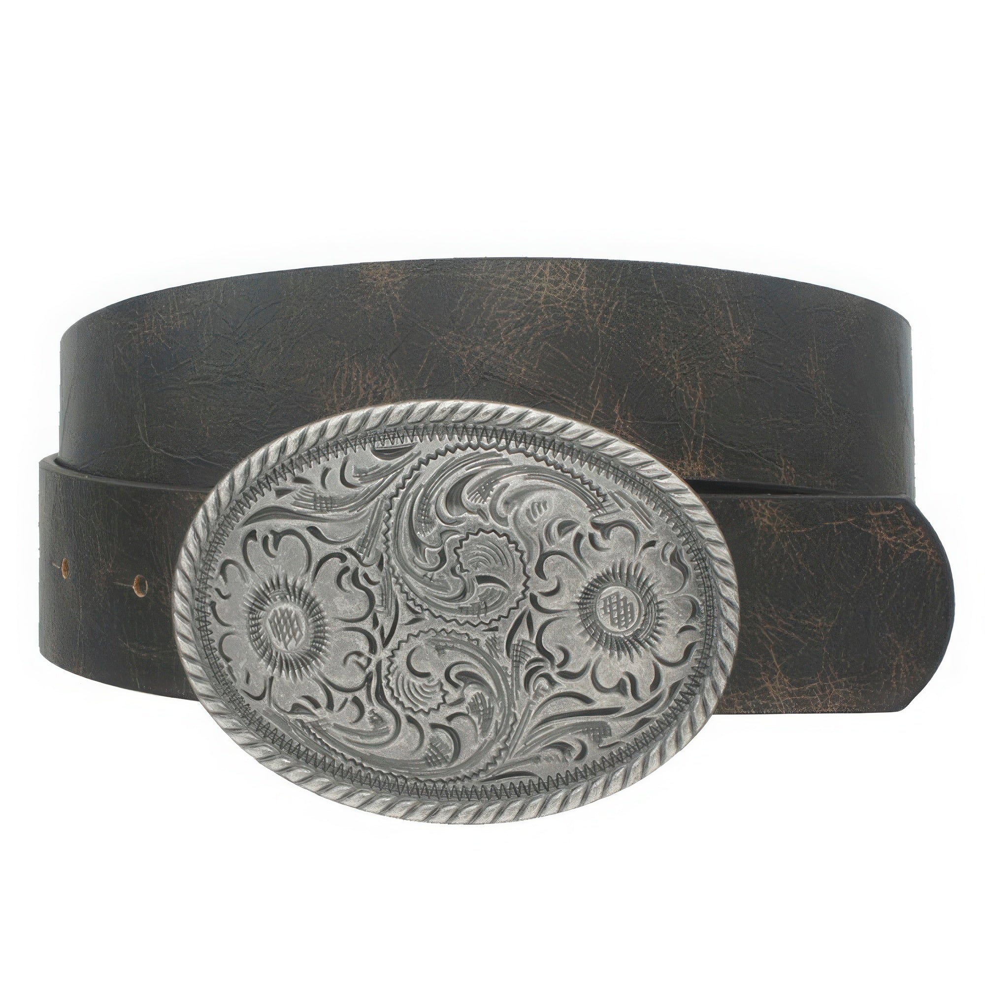 Flower Embossed Oval Buckle Vintage Strap Belt product image