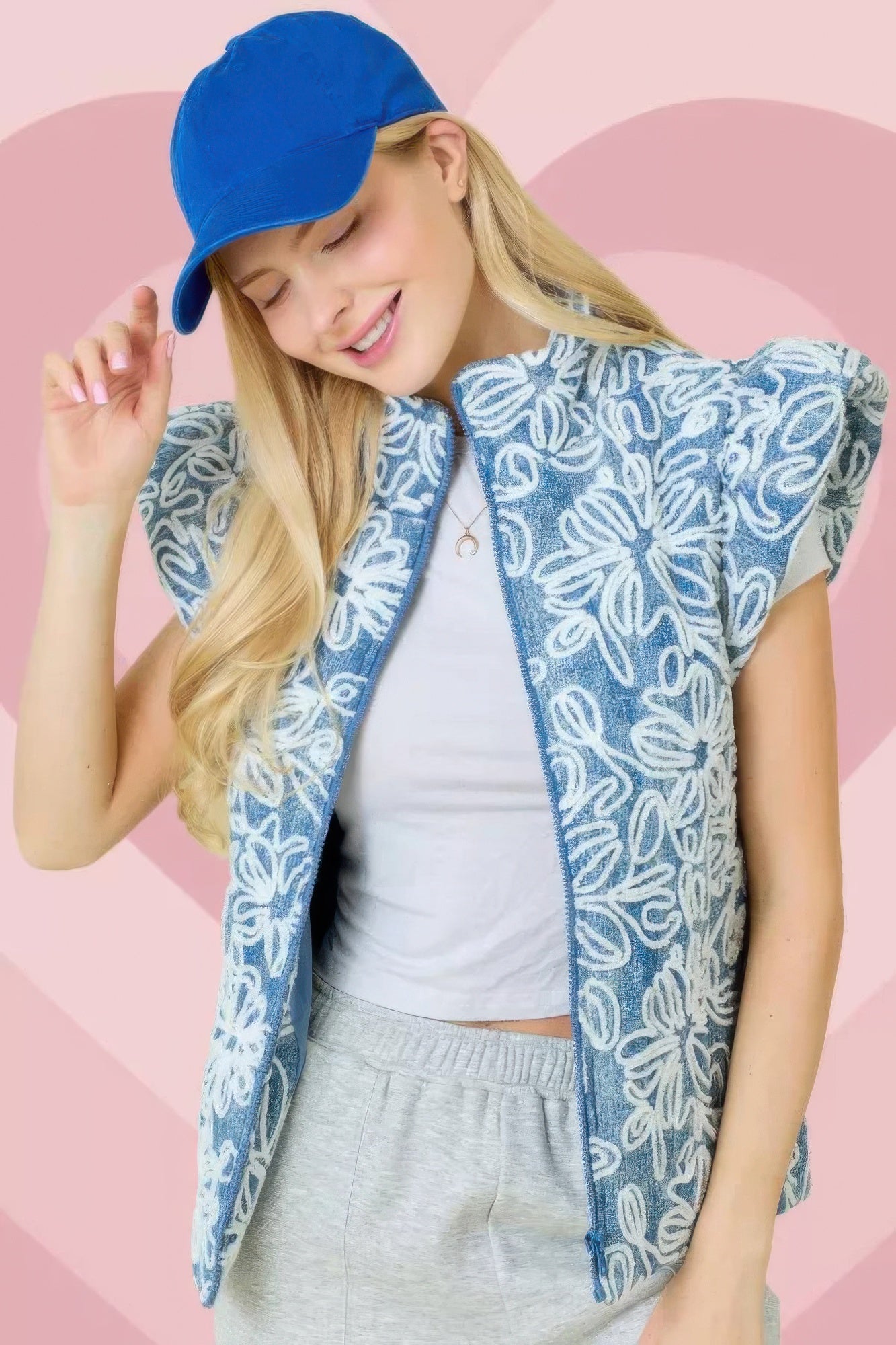 Floral Velvet Embroidered Denim Puffer Vest product image