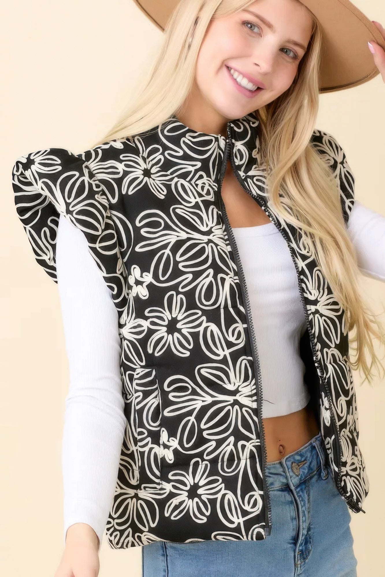 Floral Velvet Embroidered Denim Puffer Vest product image