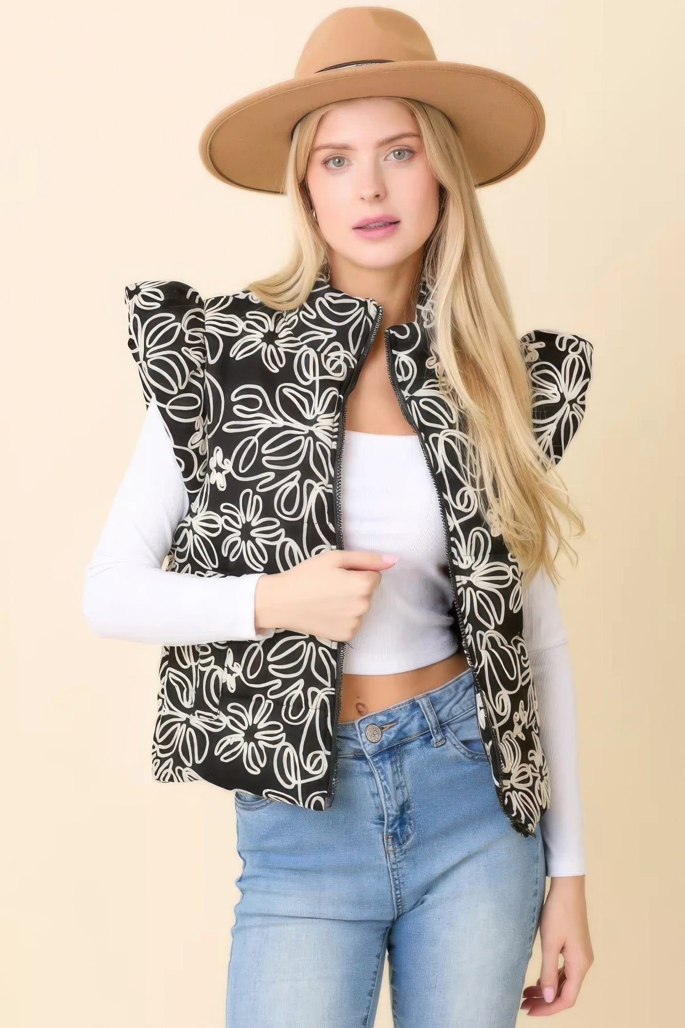 Floral Velvet Embroidered Denim Puffer Vest product image