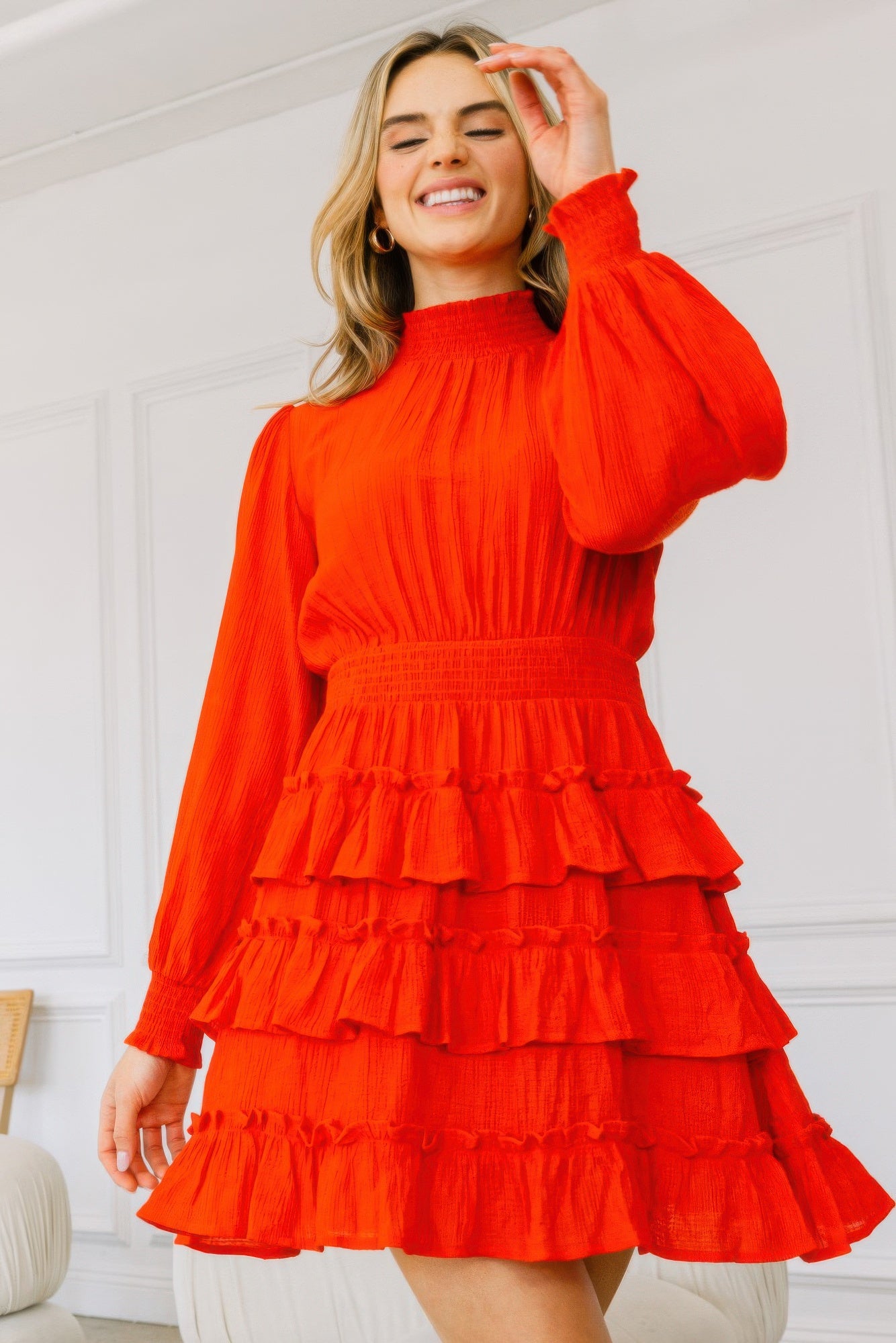 Long Sleeve Smocked Neck Tiered Ruffle Mini Dress product image