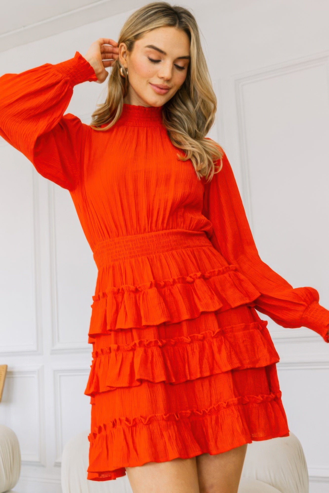 Long Sleeve Smocked Neck Tiered Ruffle Mini Dress product image