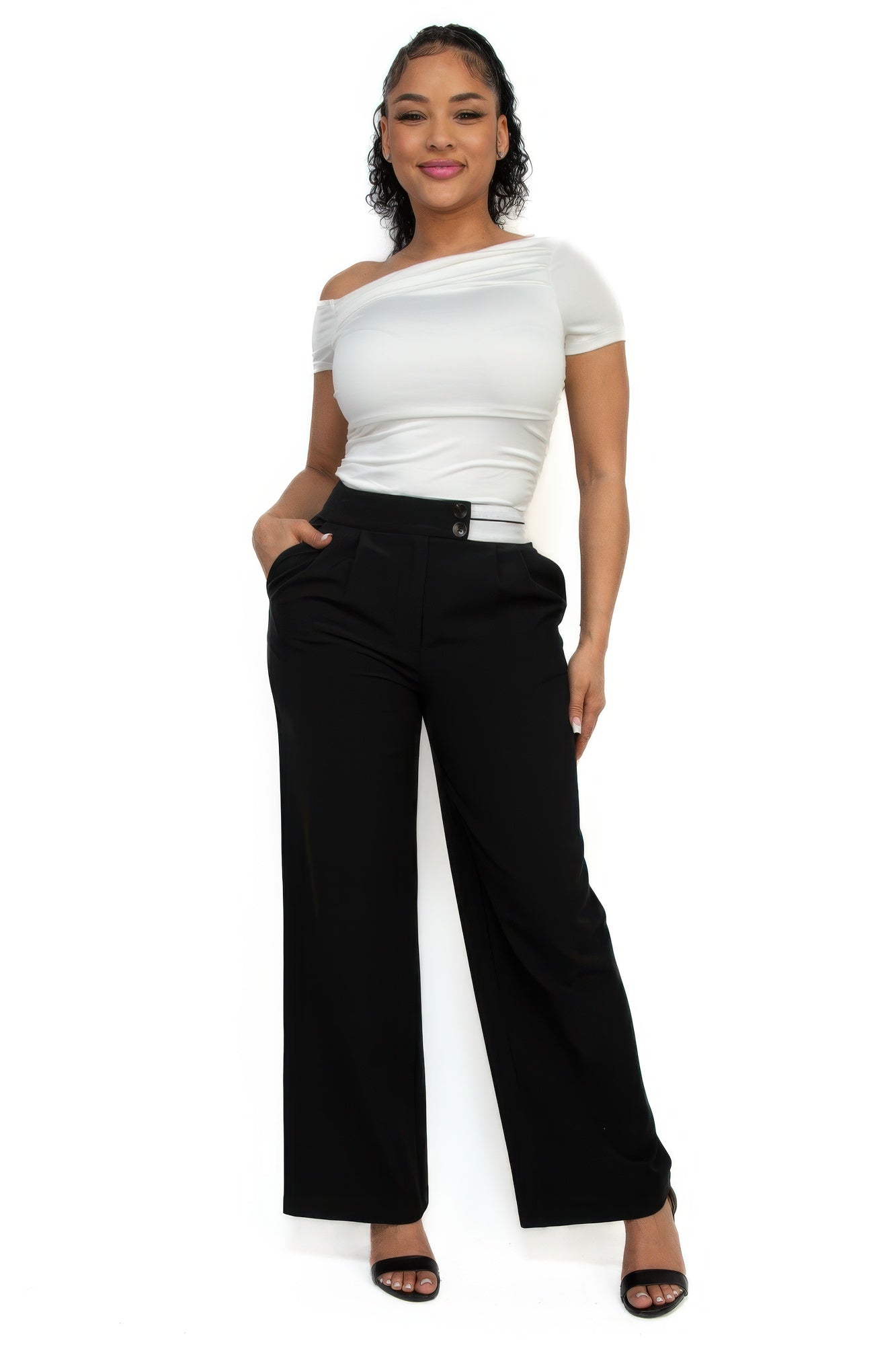 High-rise wide elastic contrast waist pants product image