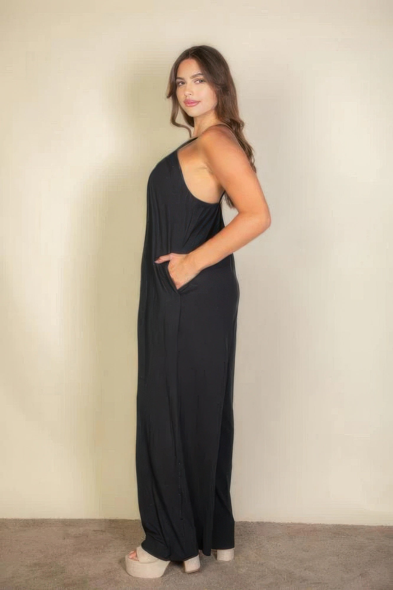 Plus spaghetti strap solid wide jumpsuit product image