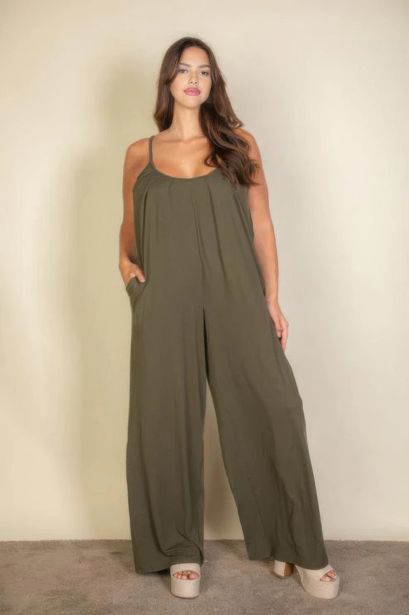Plus spaghetti strap solid wide jumpsuit product image