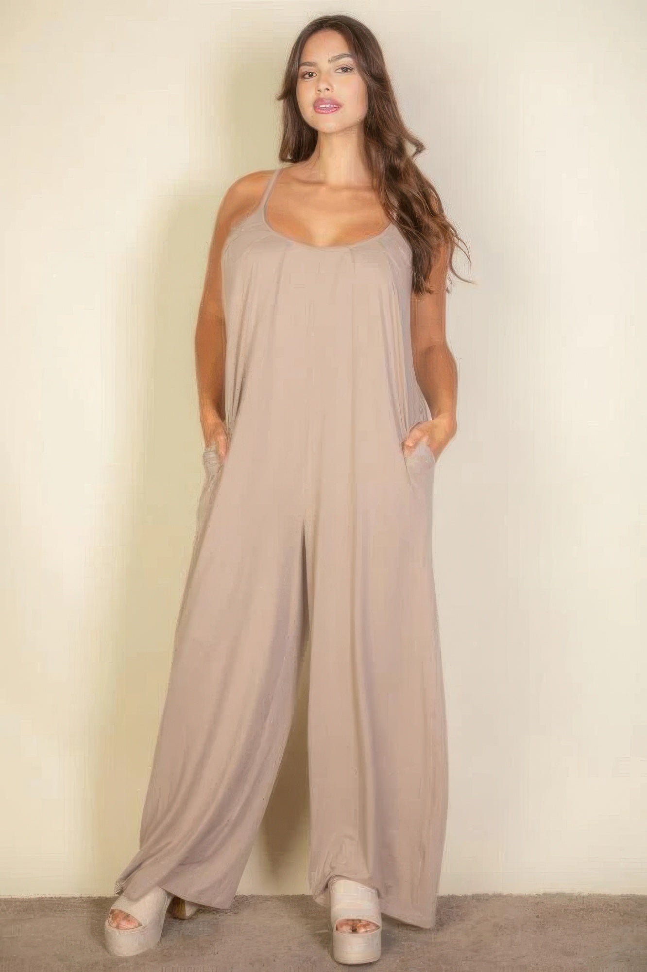 Plus spaghetti strap solid wide jumpsuit product image