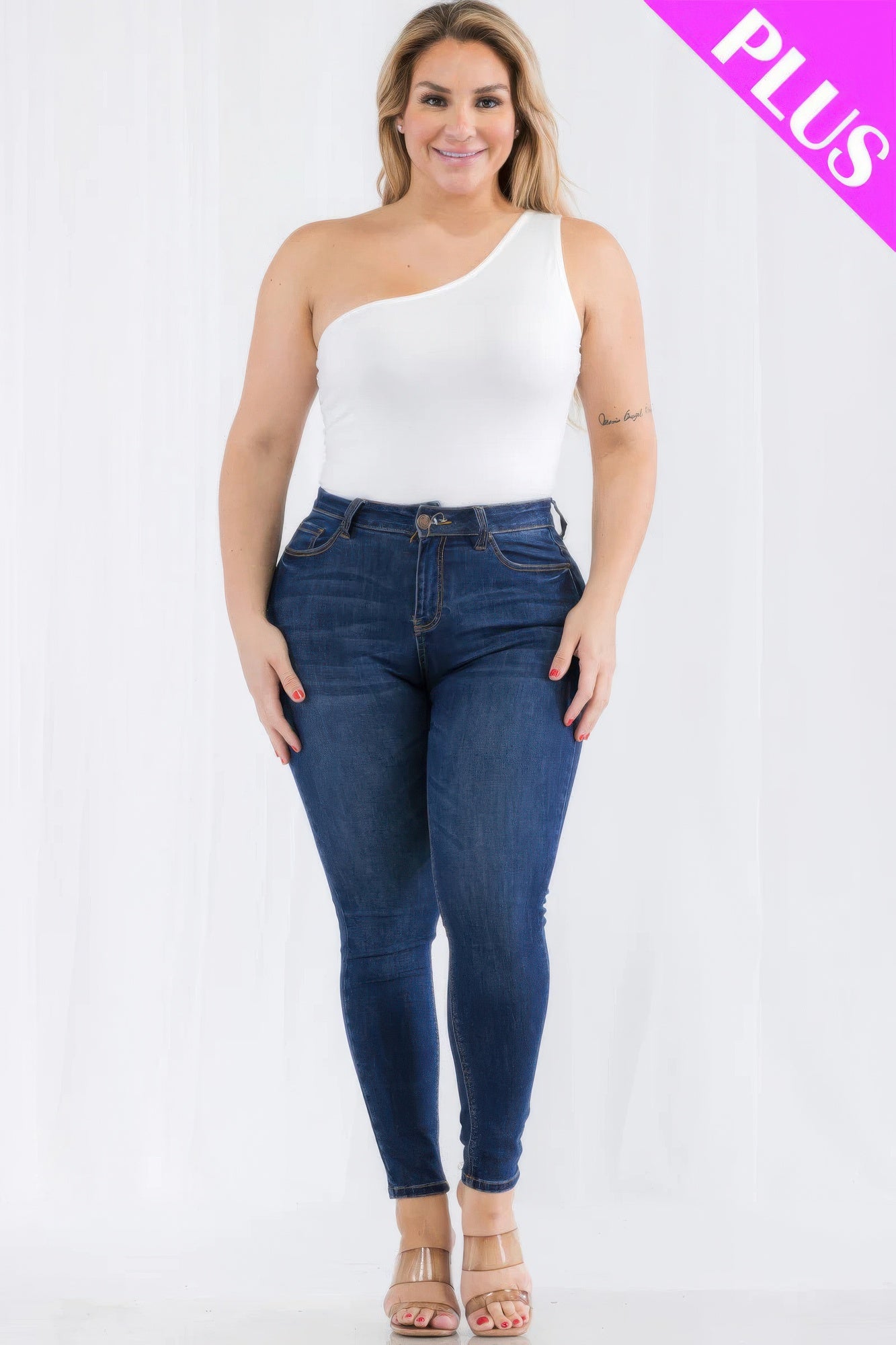 Plus size one shoulder solid casual bodysuit product image