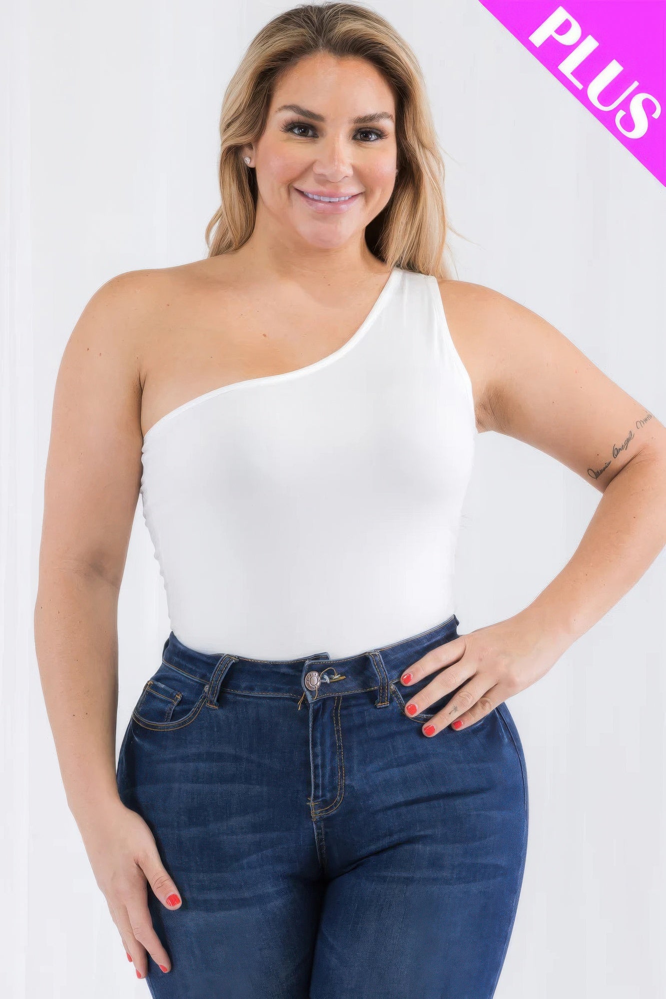 Plus size one shoulder solid casual bodysuit product image