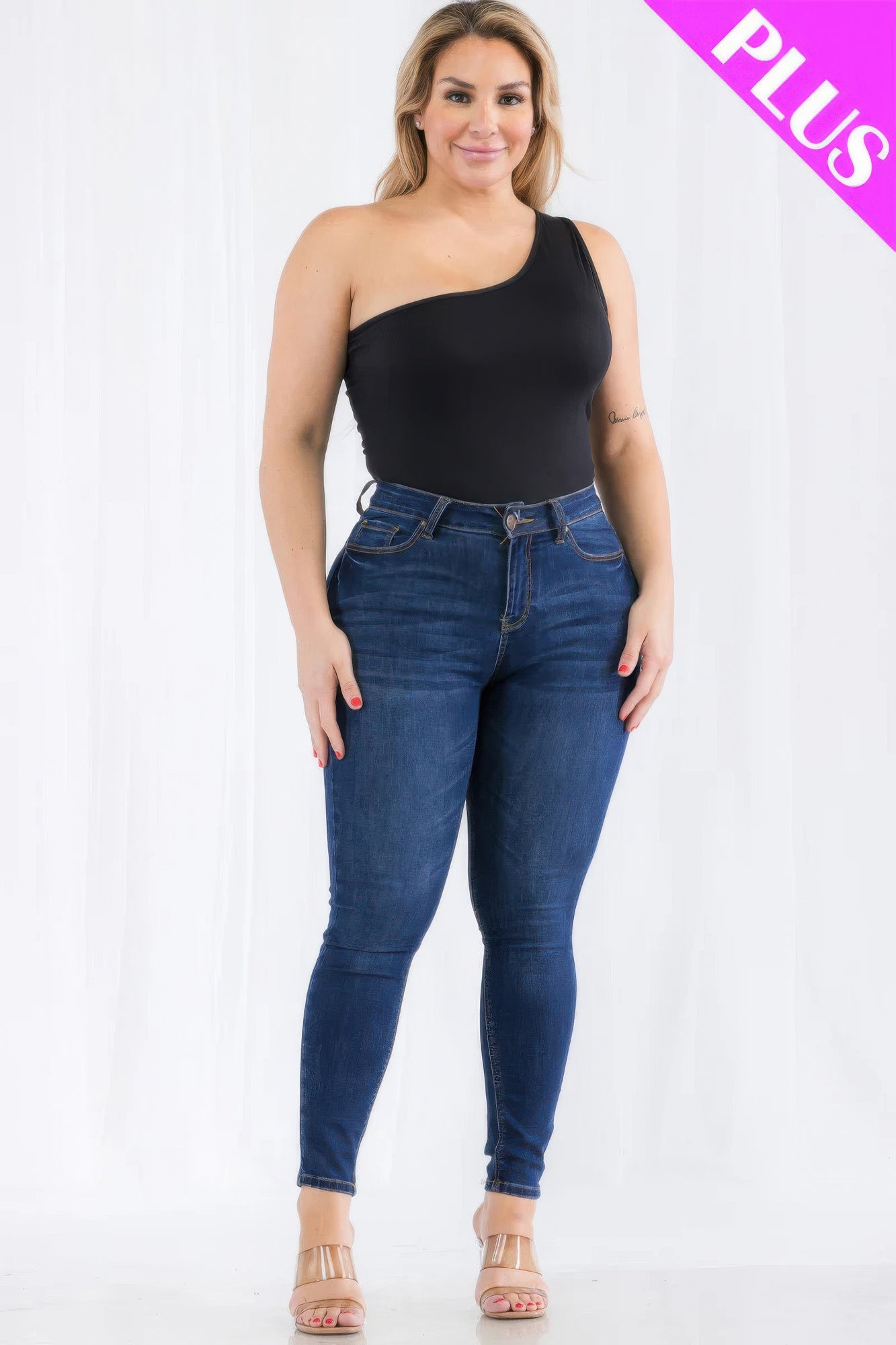 Plus size one shoulder solid casual bodysuit product image