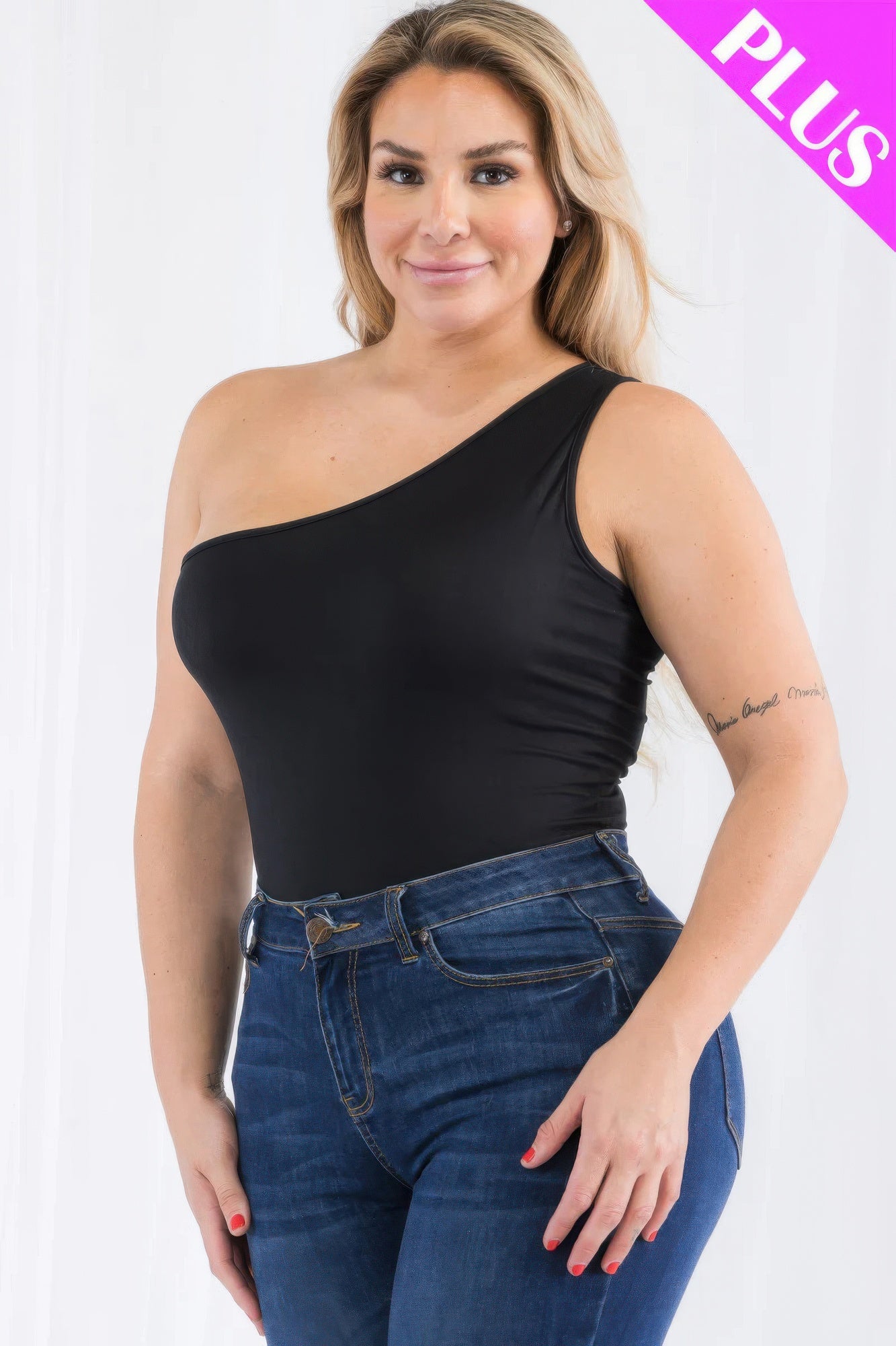 Plus size one shoulder solid casual bodysuit product image