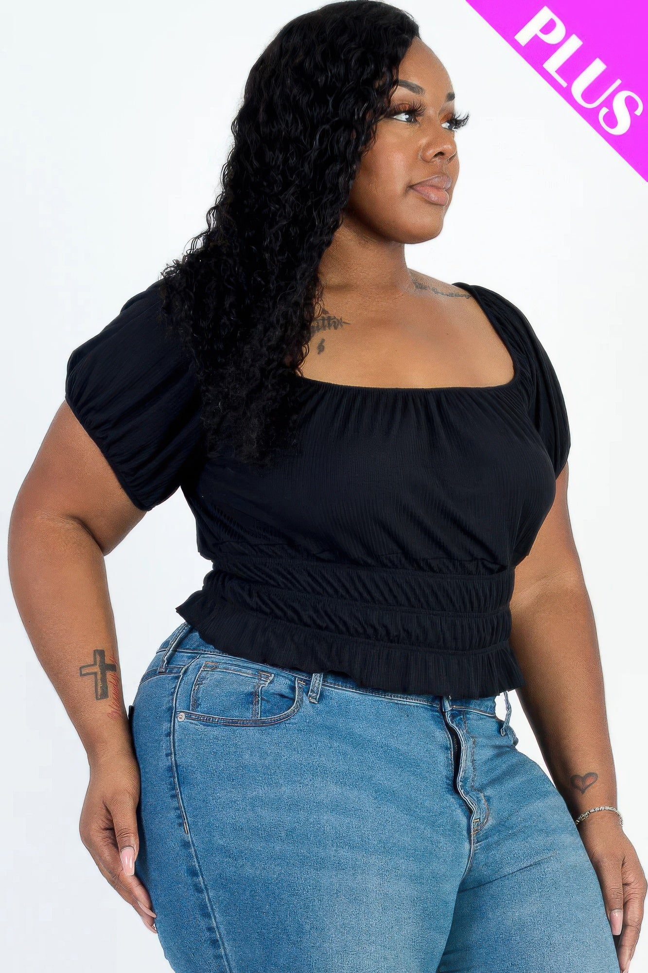 Plus size casual ruched puff sleeve ribbed knit solid top product image