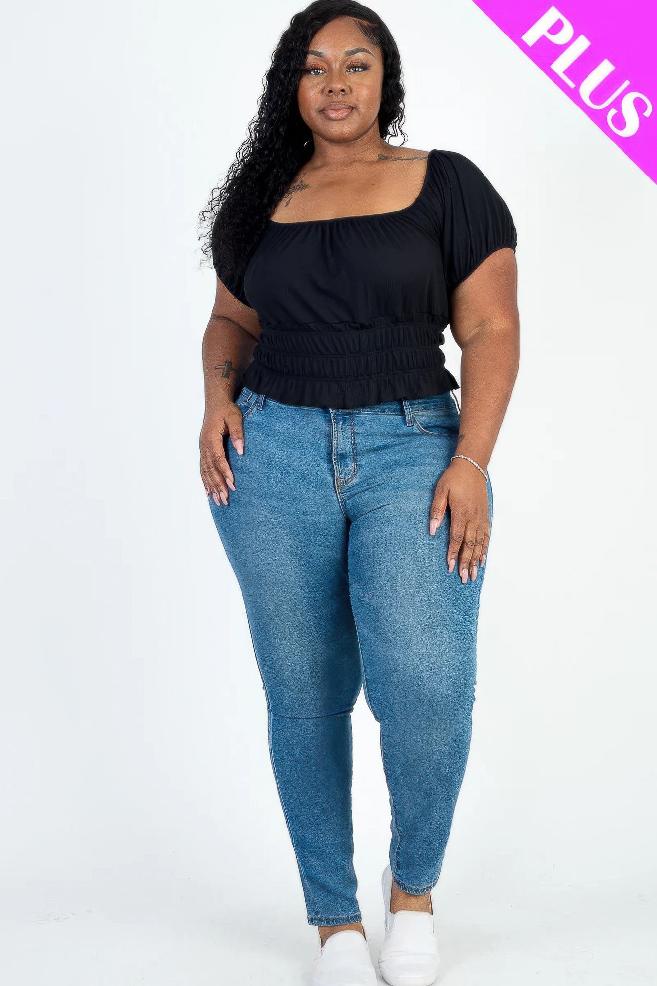 Plus size casual ruched puff sleeve ribbed knit solid top product image