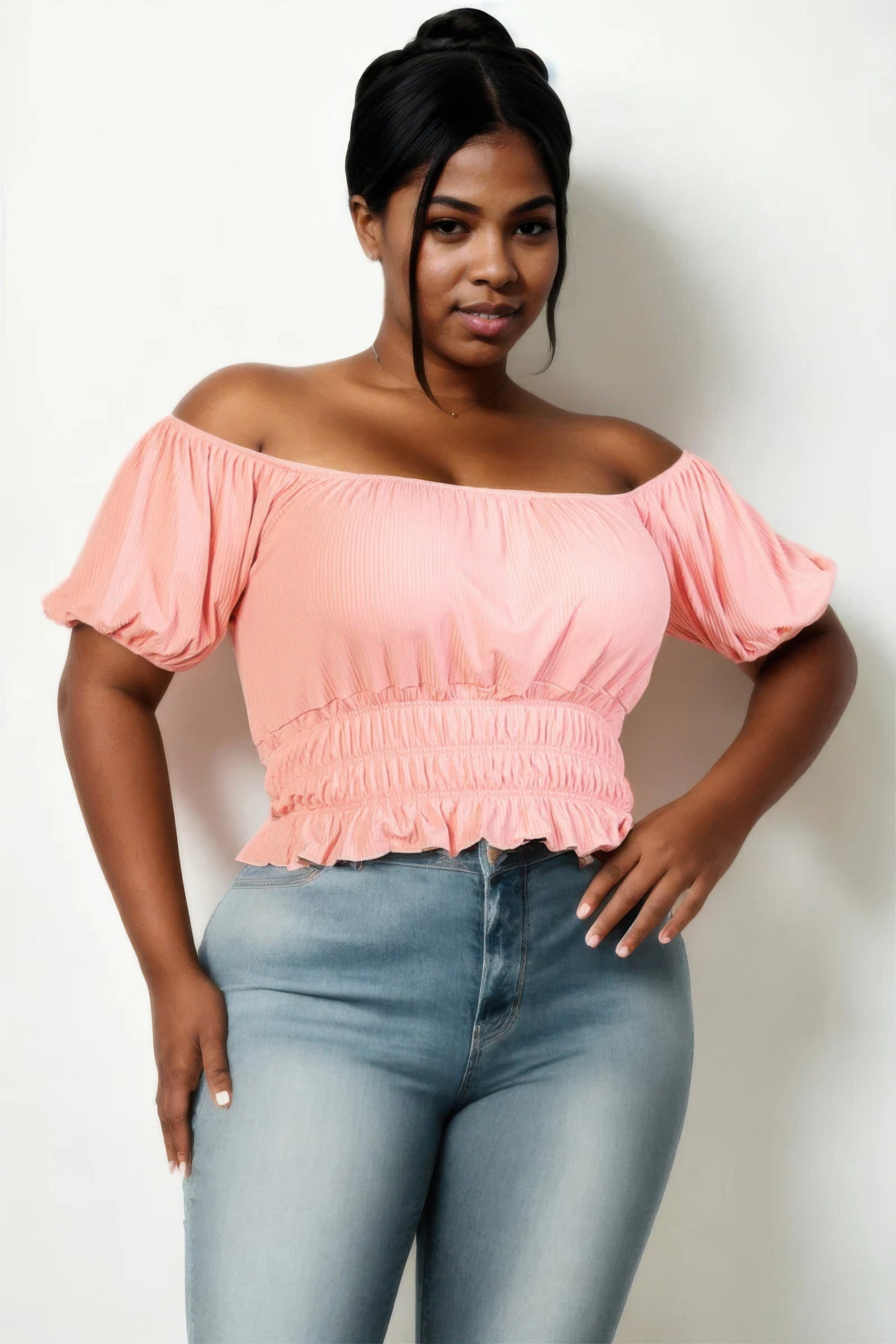 Plus size casual ruched puff sleeve ribbed knit solid top product image