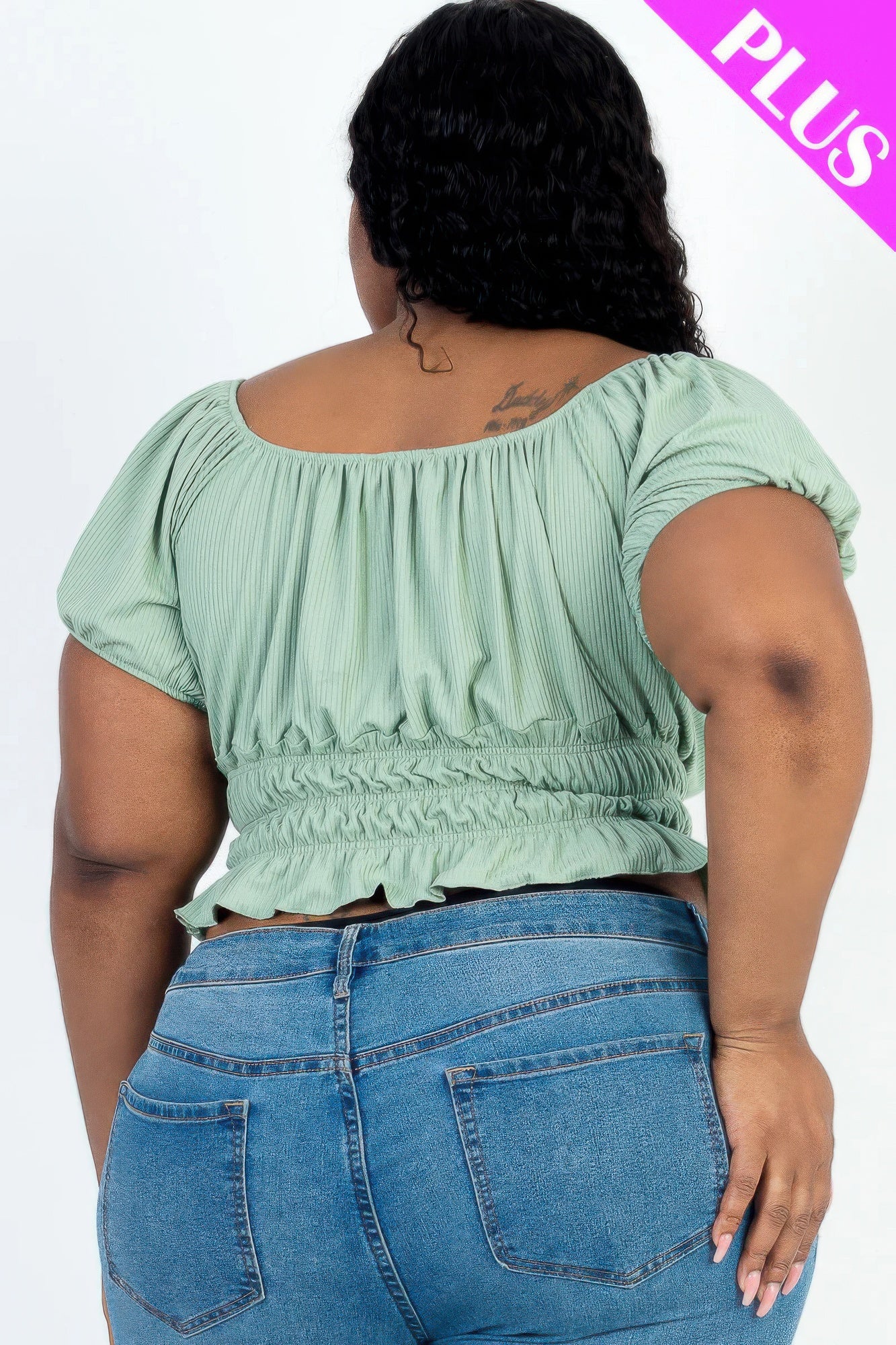 Plus size casual ruched puff sleeve ribbed knit solid top product image