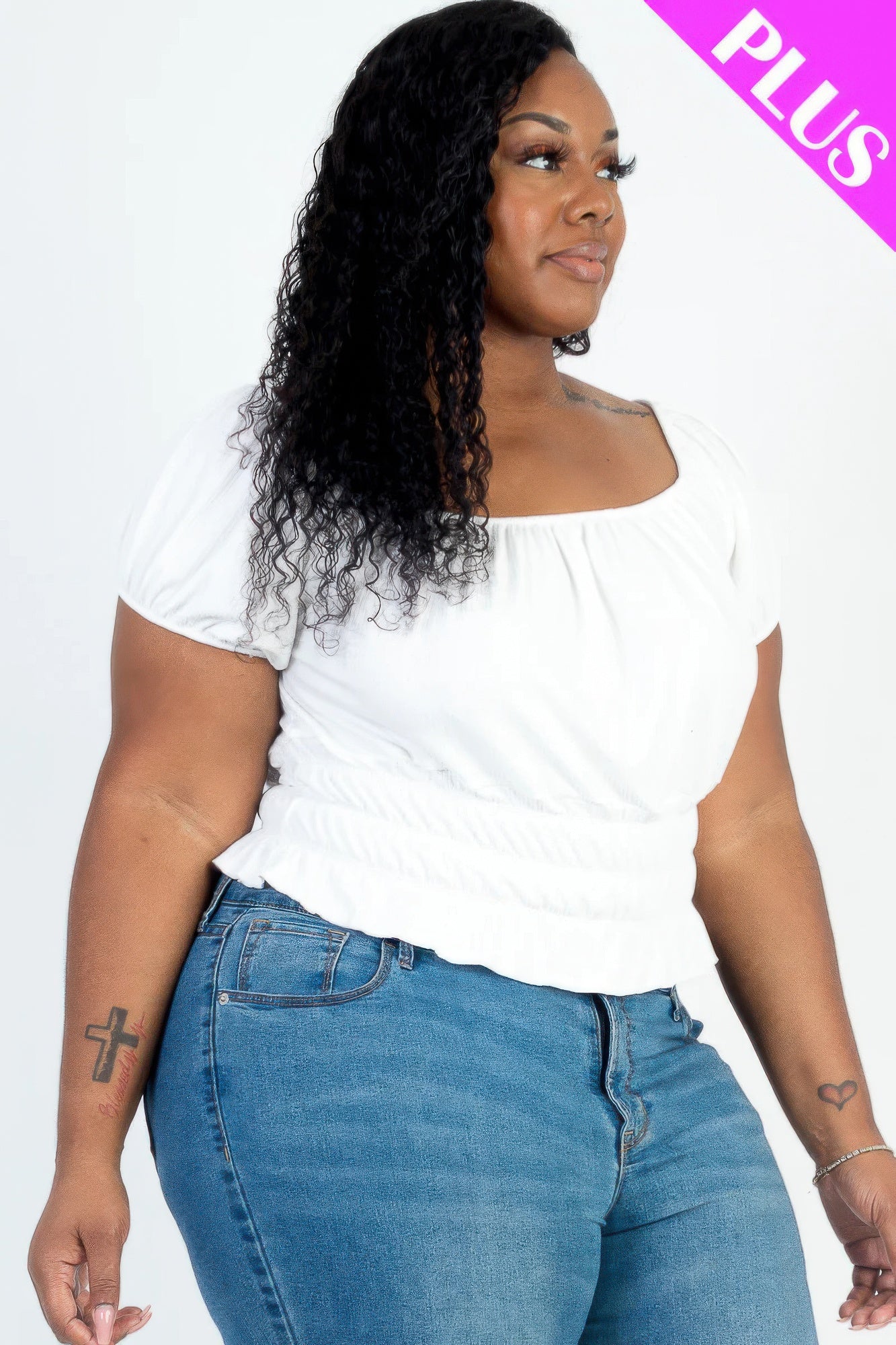 Plus size casual ruched puff sleeve ribbed knit solid top product image