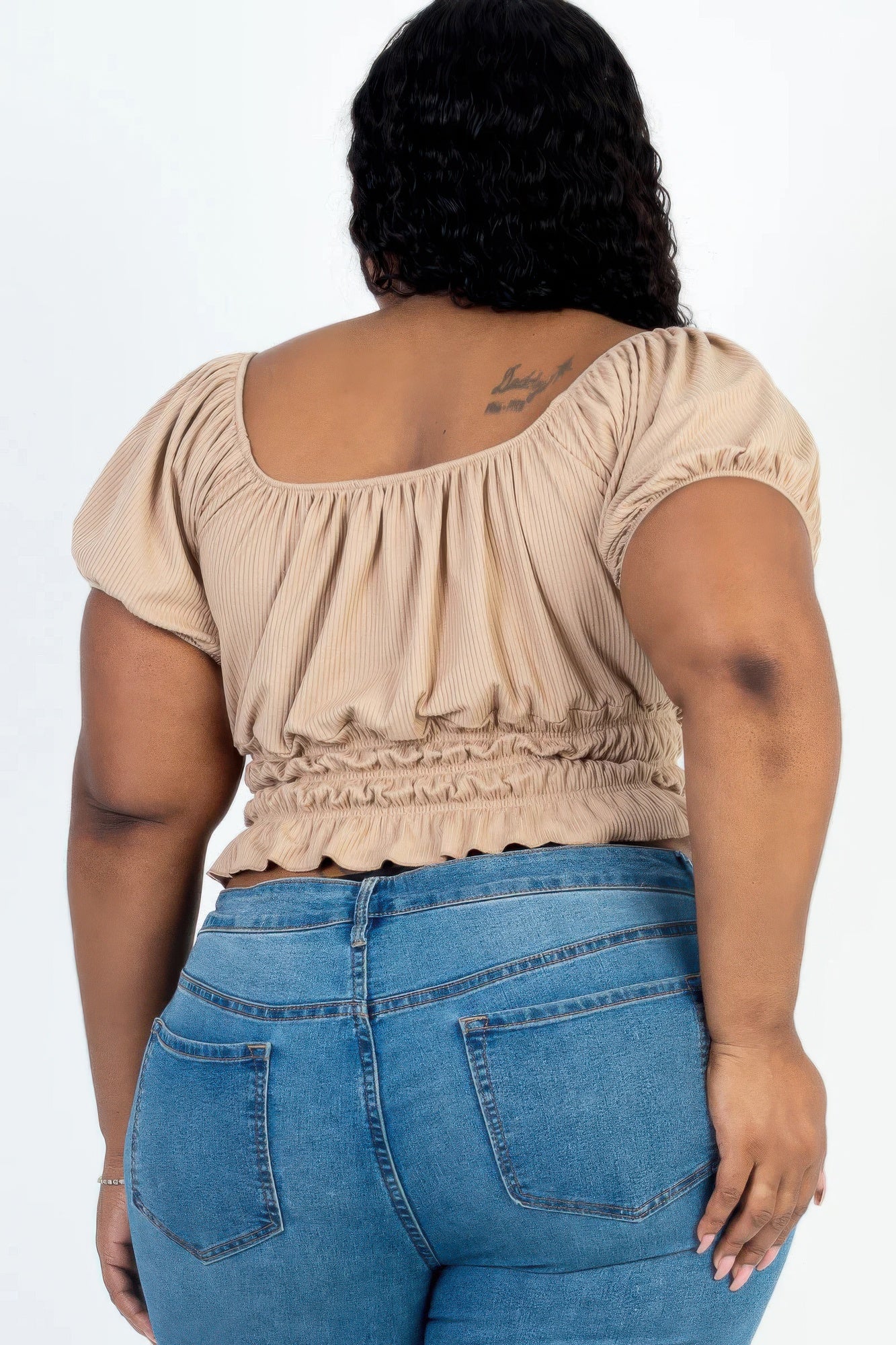 Plus size casual ruched puff sleeve ribbed knit solid top product image