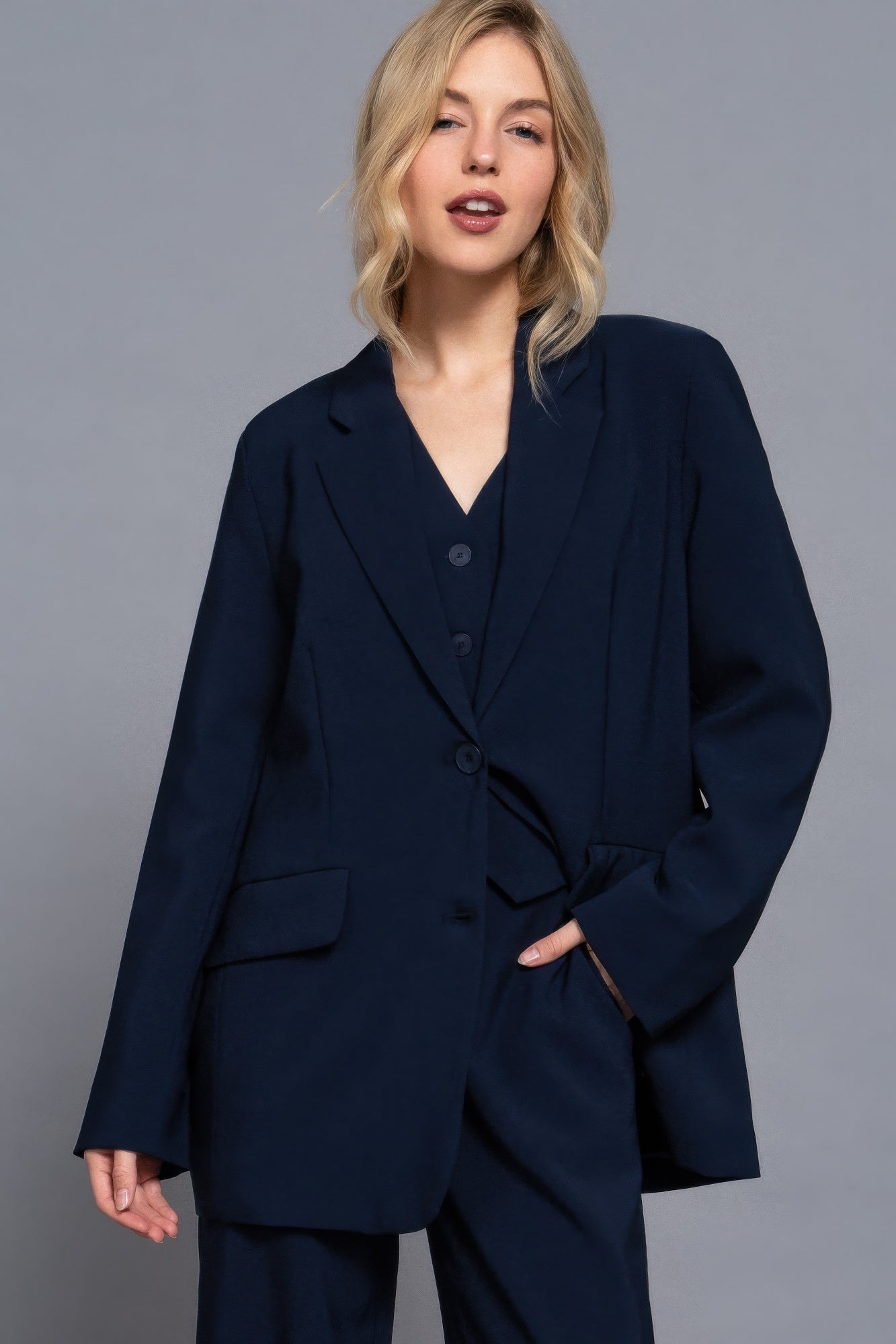 Long slv front button closure blazer product image