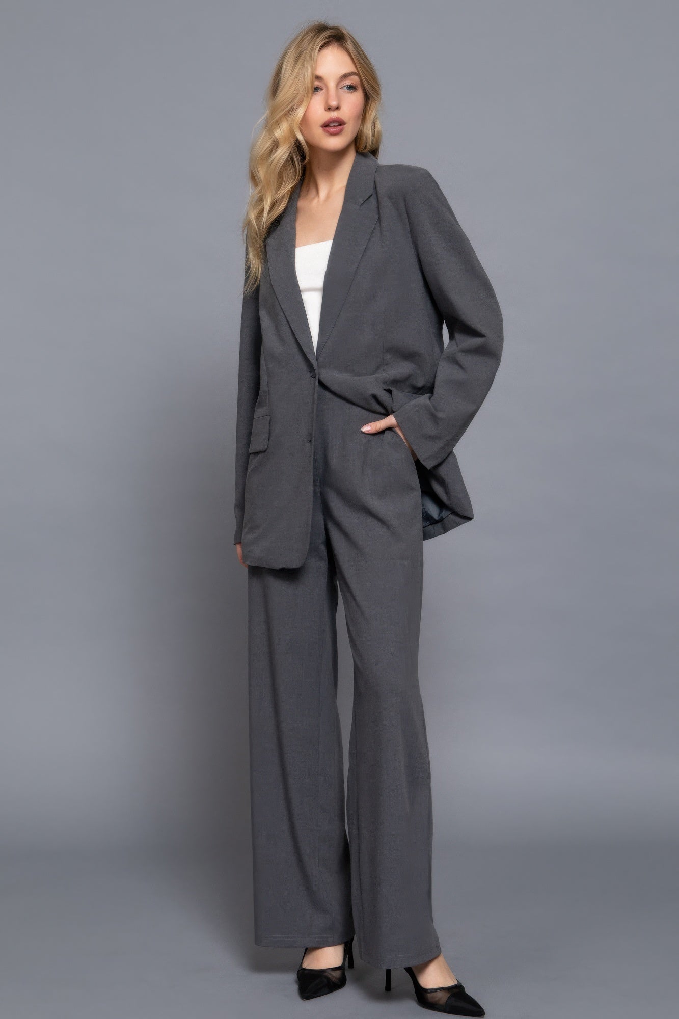 Back elastic straight woven long pants product image