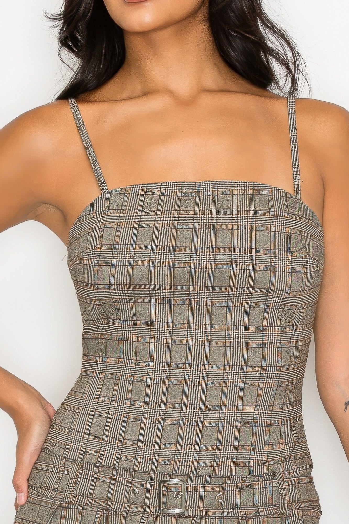 Belted Plaid Zip-up Pleated Dress product image