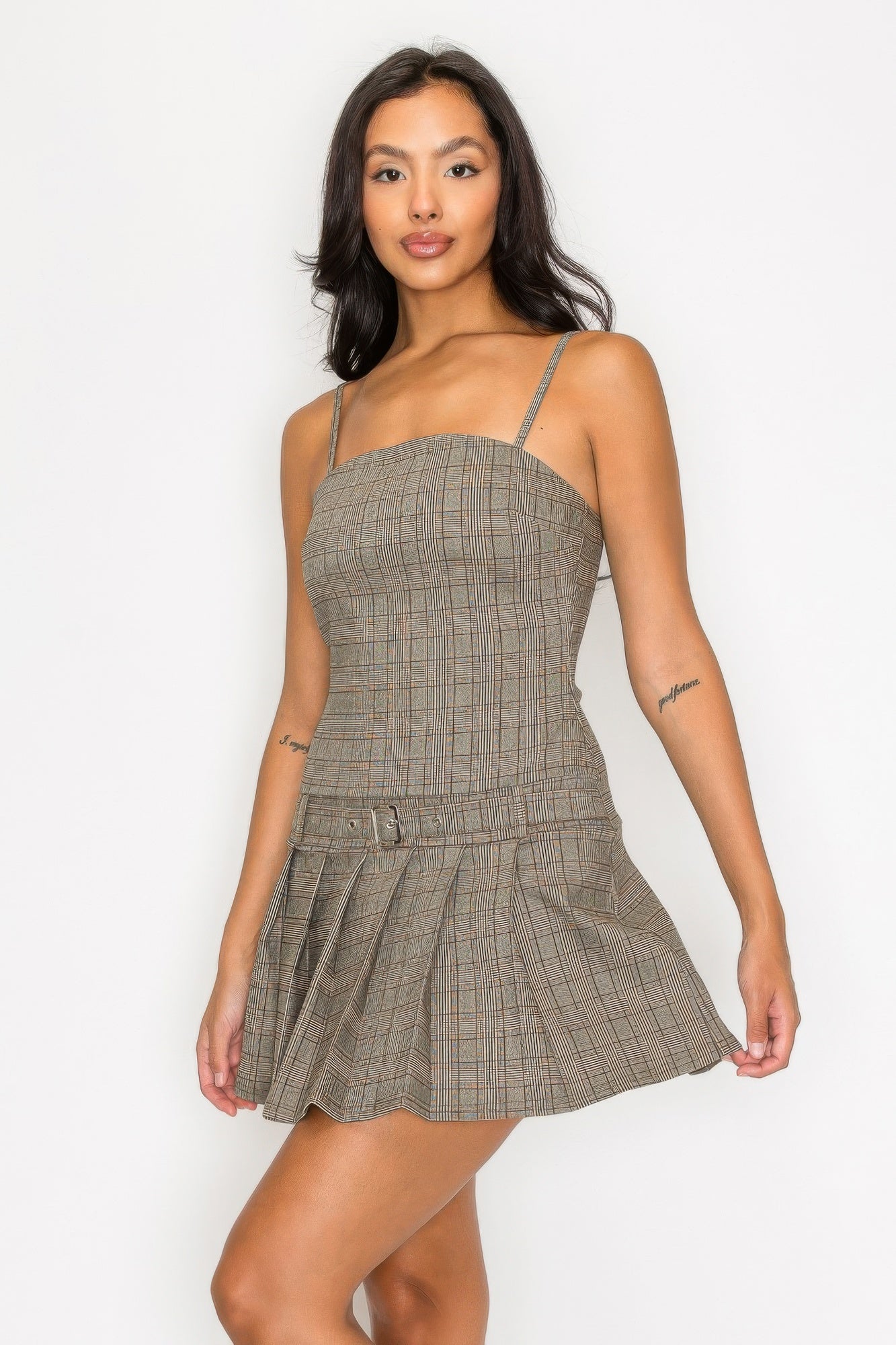 Belted Plaid Zip-up Pleated Dress product image