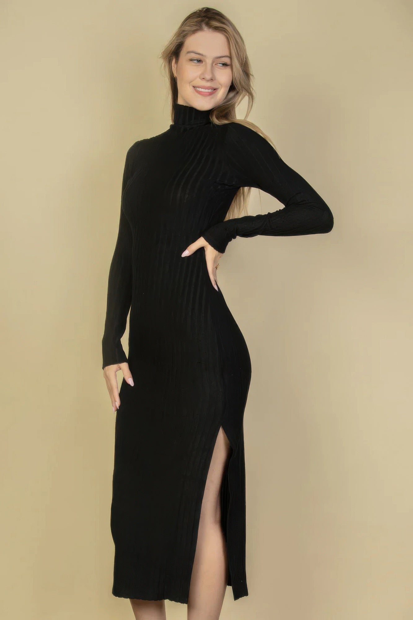 Sweater-knit Fuzzy Turtle Neck Split Thigh Dress product image