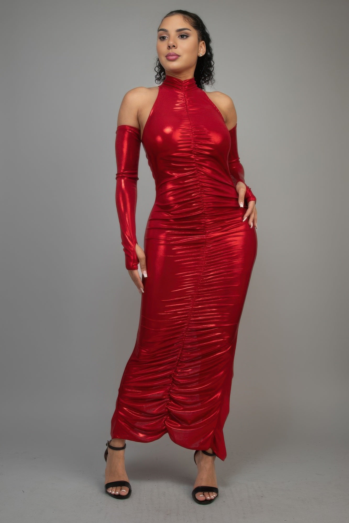Metallic Ruched Dress With Sleeves product image