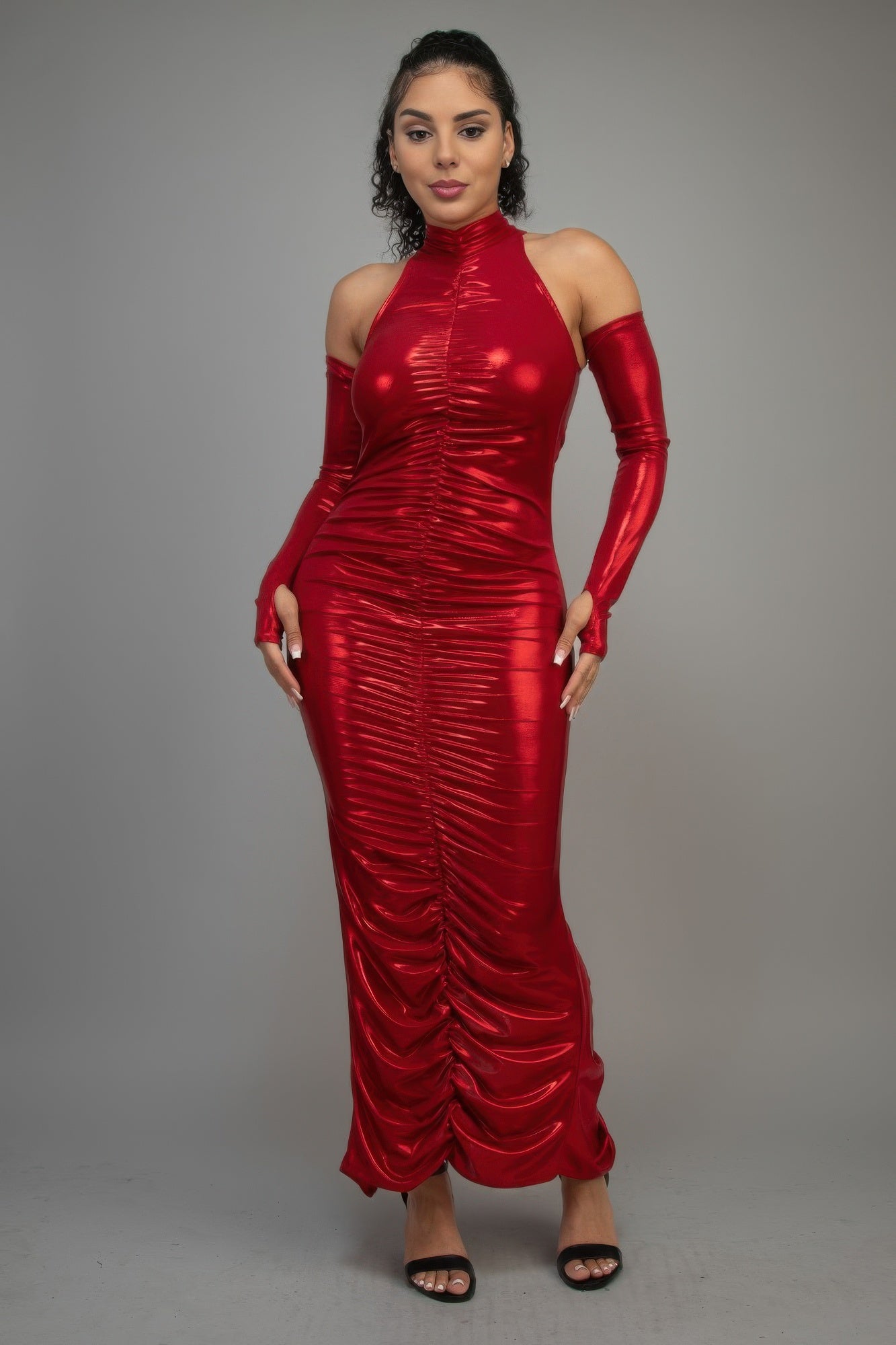 Metallic Ruched Dress With Sleeves product image
