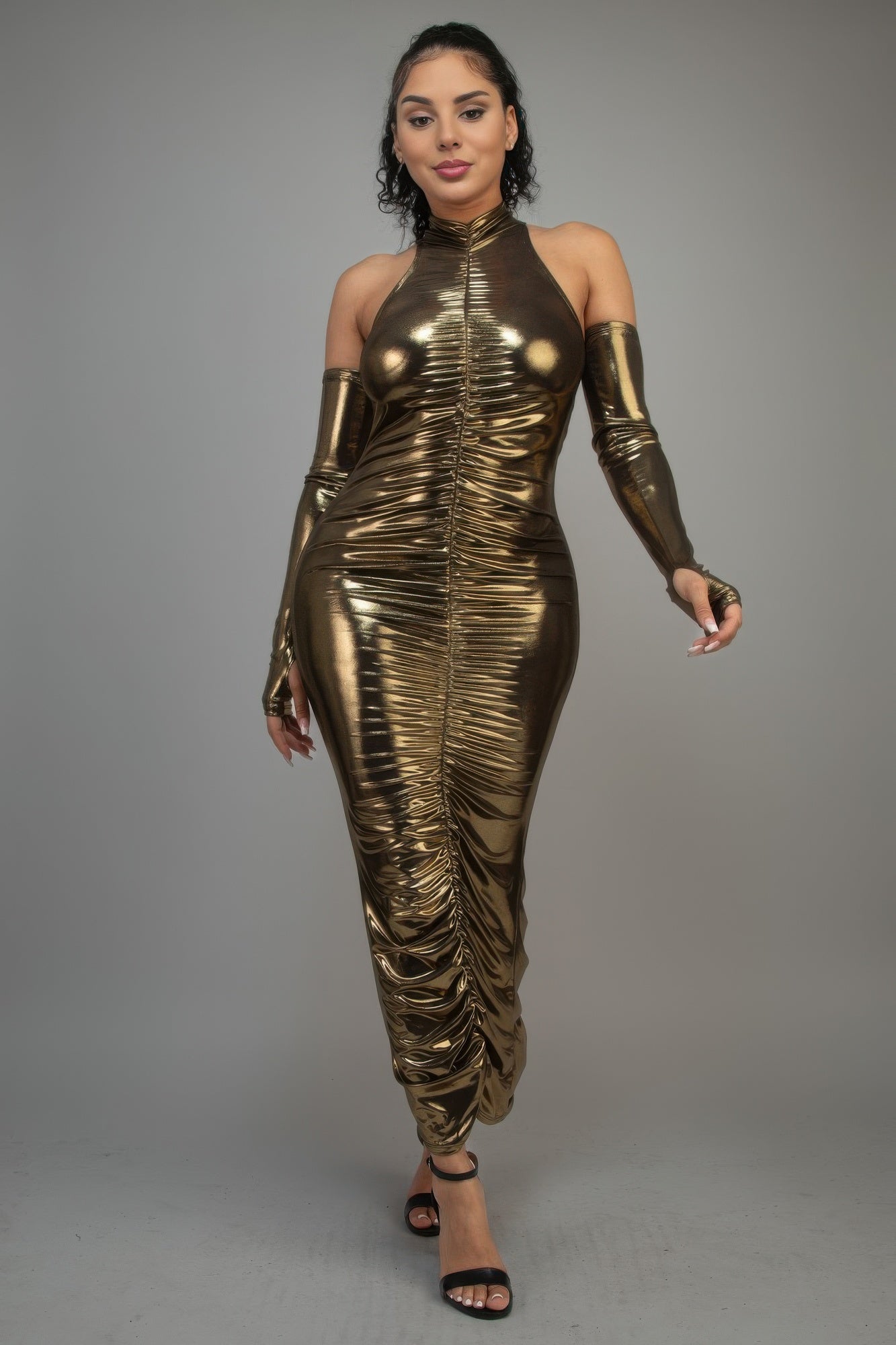 Metallic Ruched Dress With Sleeves product image