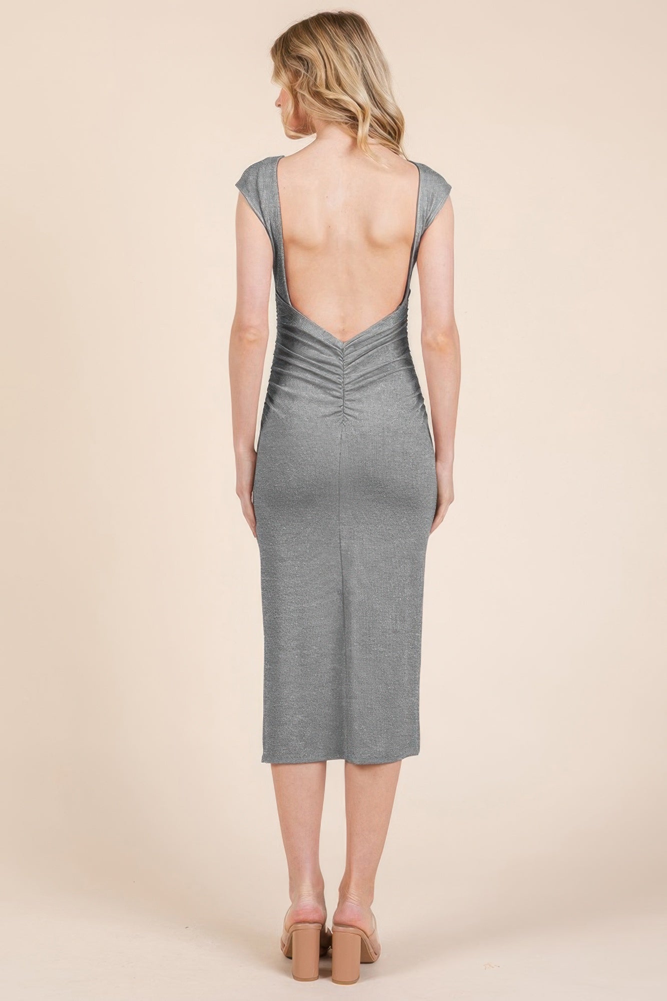 Cap Sleeve Boatneck Open Back Midi Dress product image