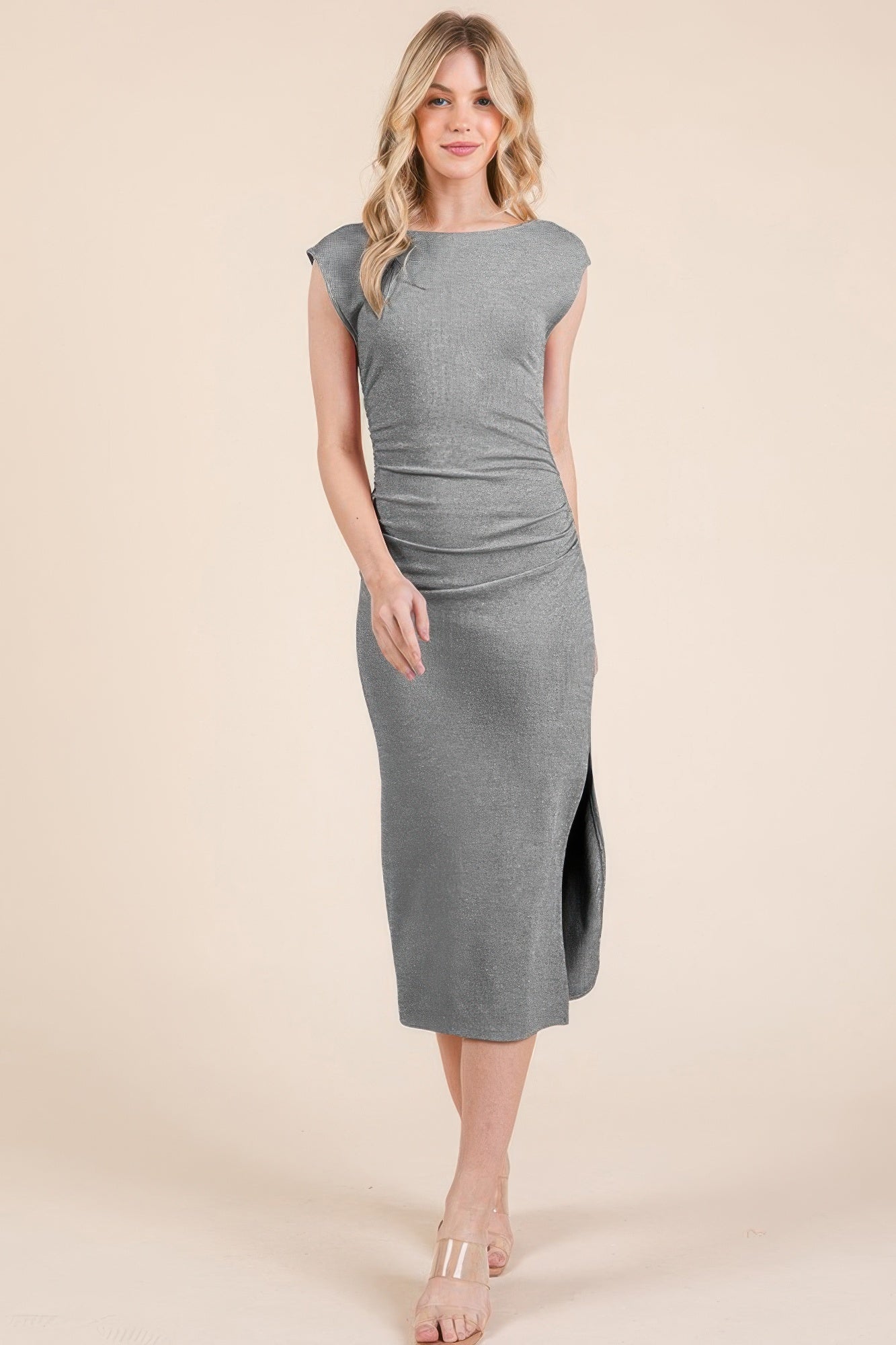 Cap Sleeve Boatneck Open Back Midi Dress product image
