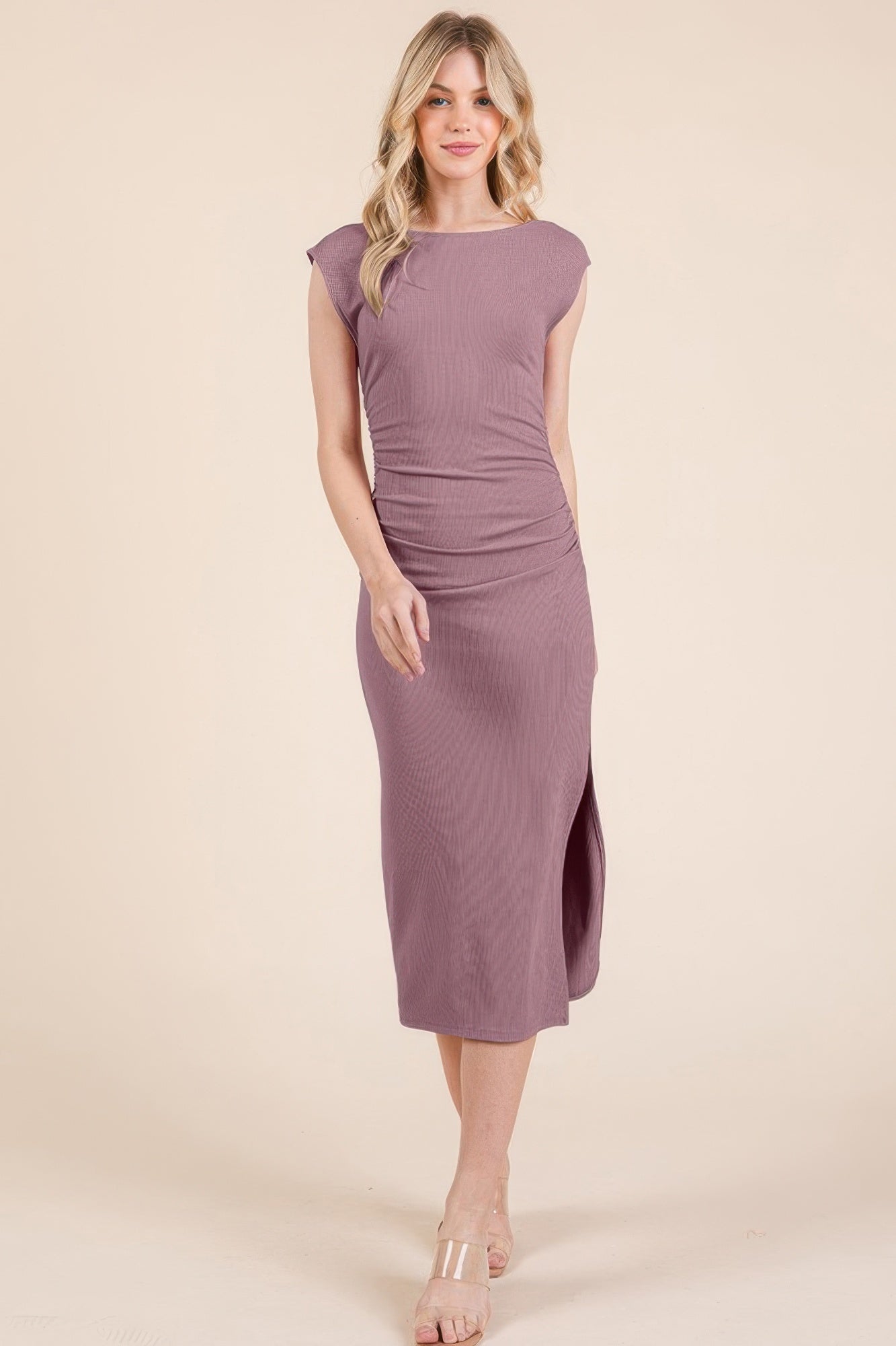 Cap Sleeve Boatneck Open Back Midi Dress product image