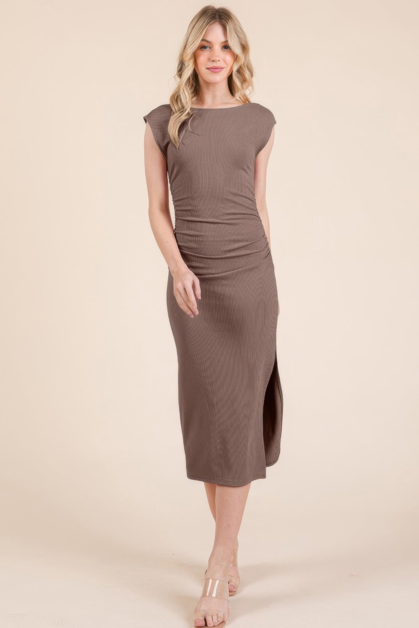 Cap Sleeve Boatneck Open Back Midi Dress product image
