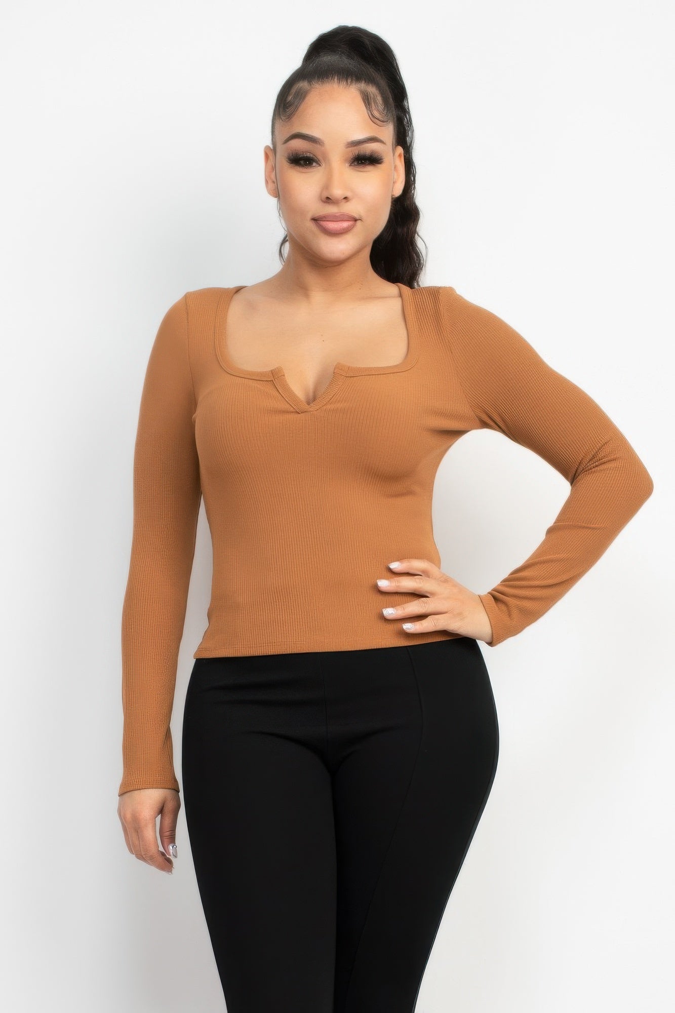 Solid V-collared Neck Top product image