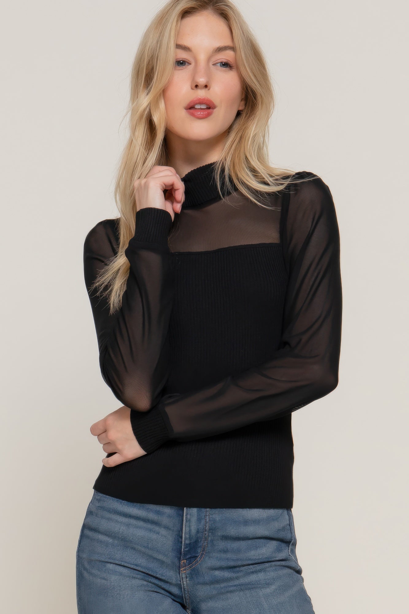 Long Slv Mesh Panel Detail Sweater Top product image