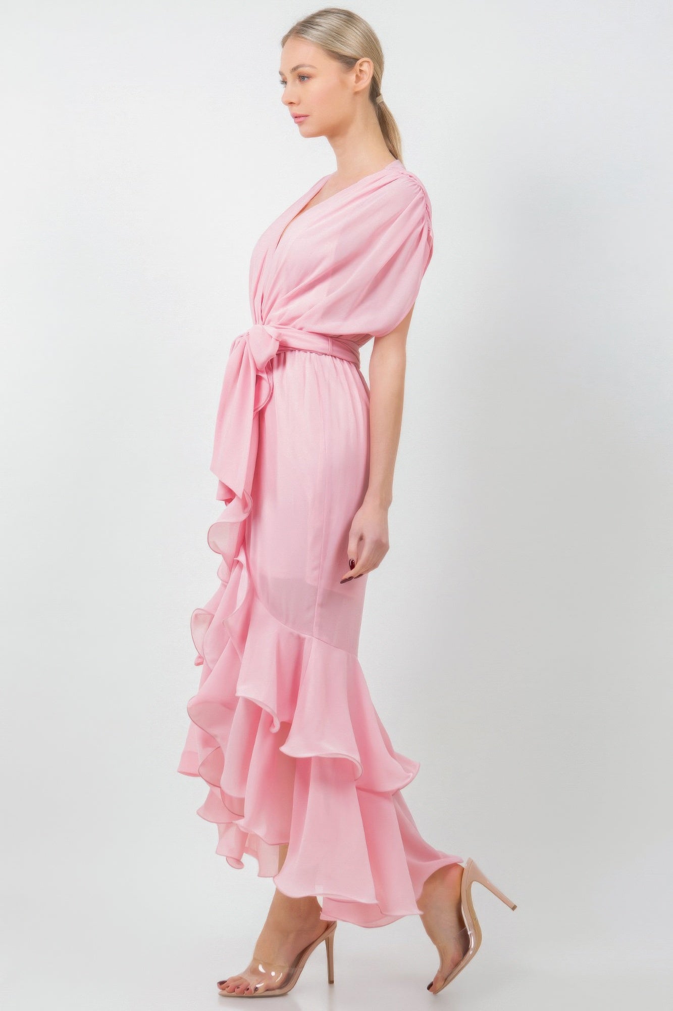 Solid Tie Waist Ruffle Midi Dress product image