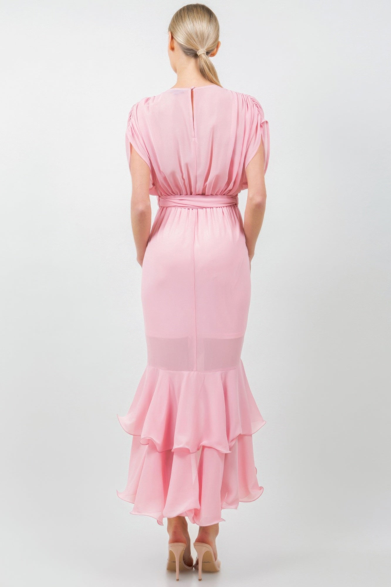 Solid Tie Waist Ruffle Midi Dress product image