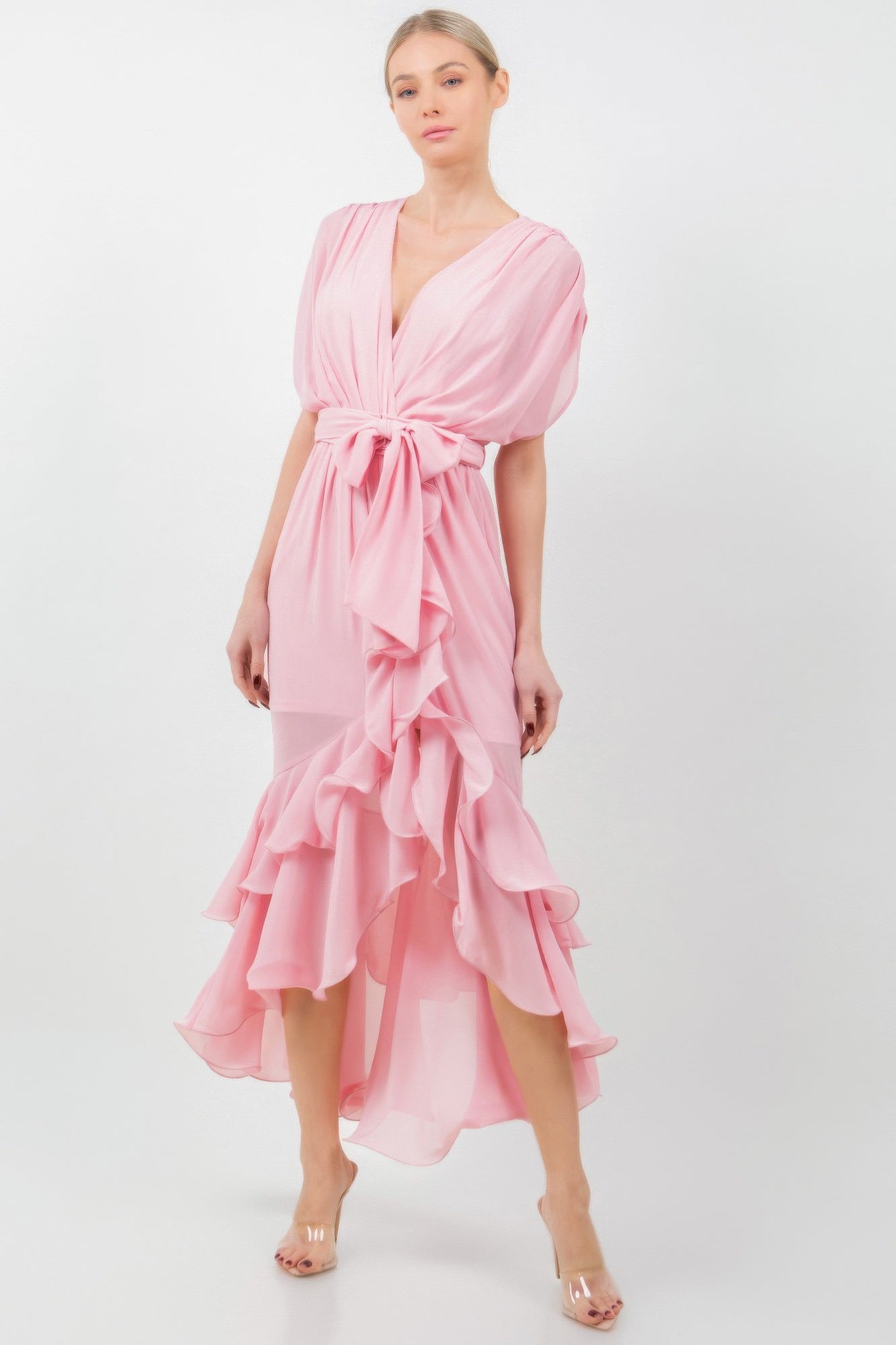 Solid Tie Waist Ruffle Midi Dress product image