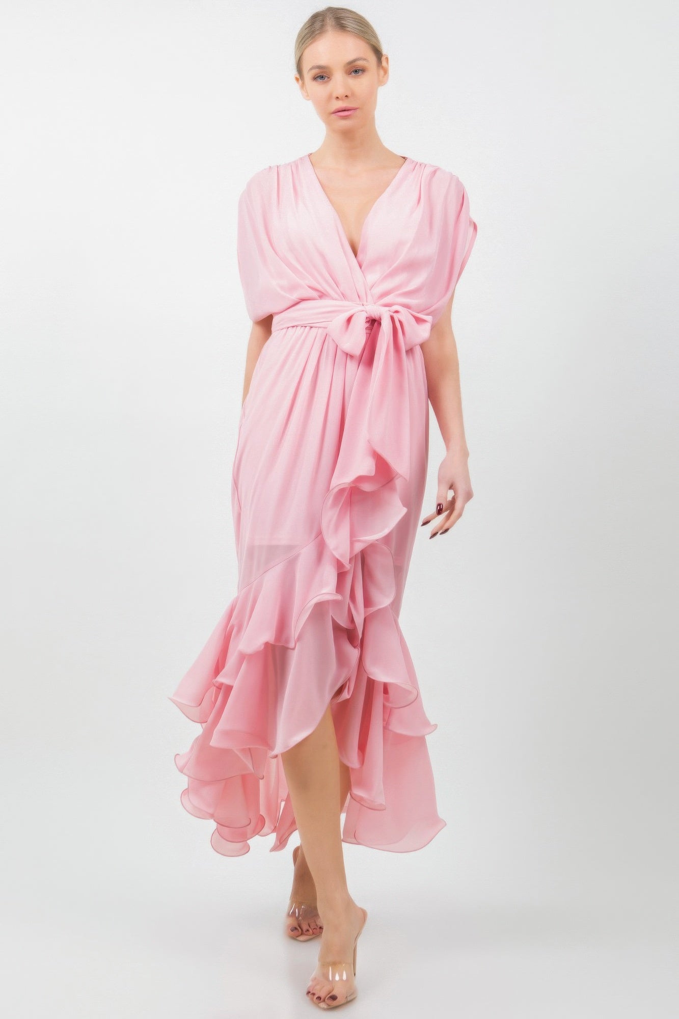 Solid Tie Waist Ruffle Midi Dress product image