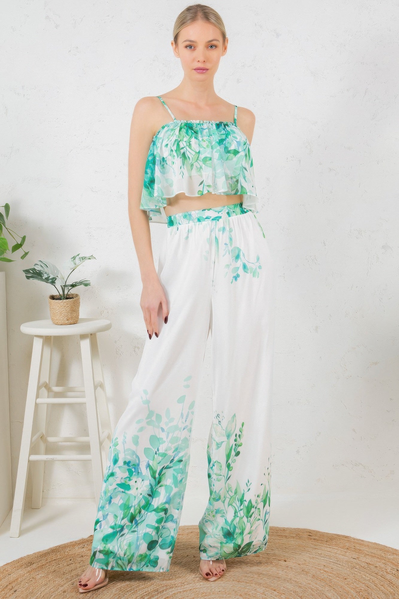 Printed Crop Top & Wide Leg Long Pants Set product image