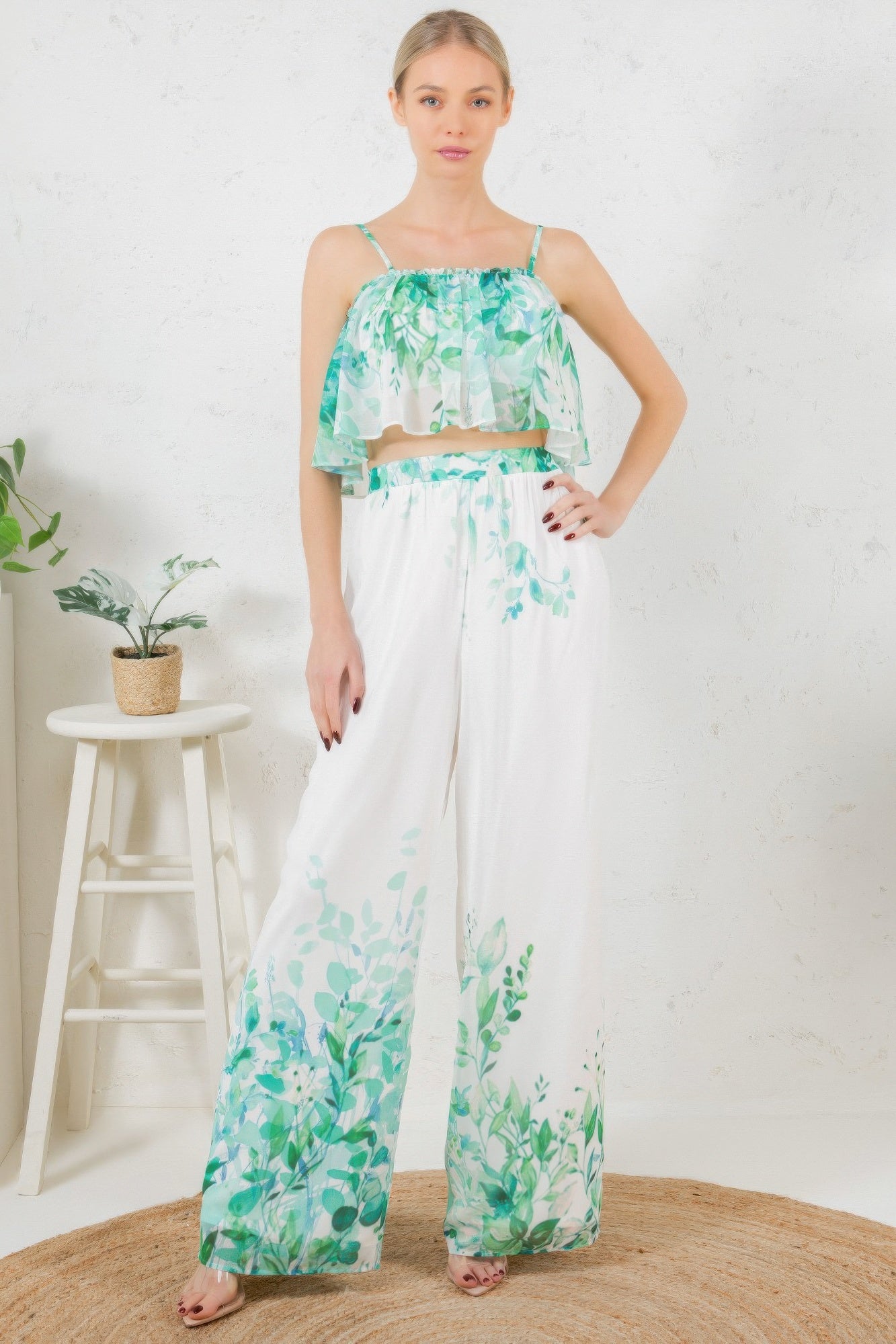 Printed Crop Top & Wide Leg Long Pants Set product image