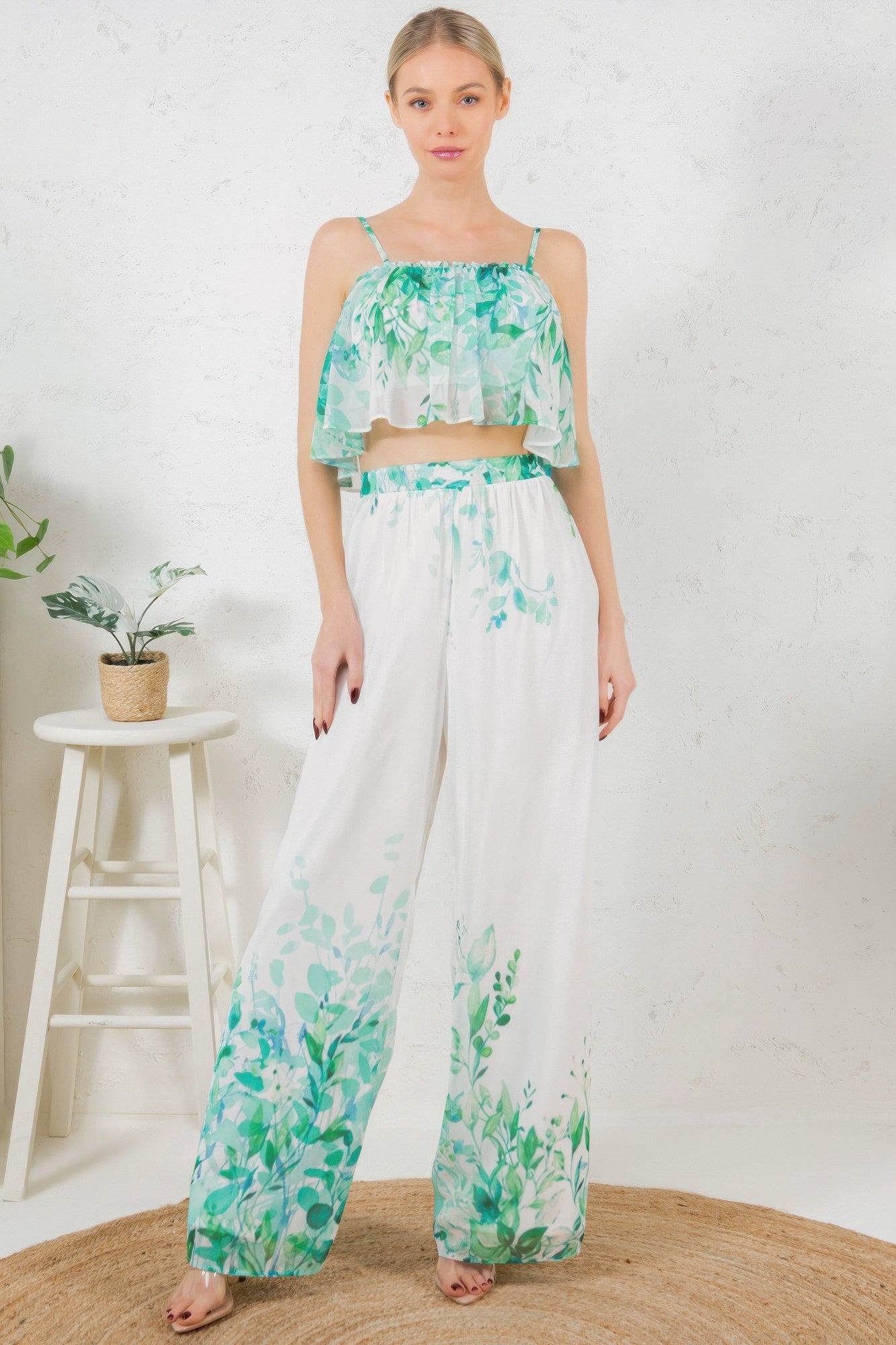 Printed Crop Top & Wide Leg Long Pants Set product image