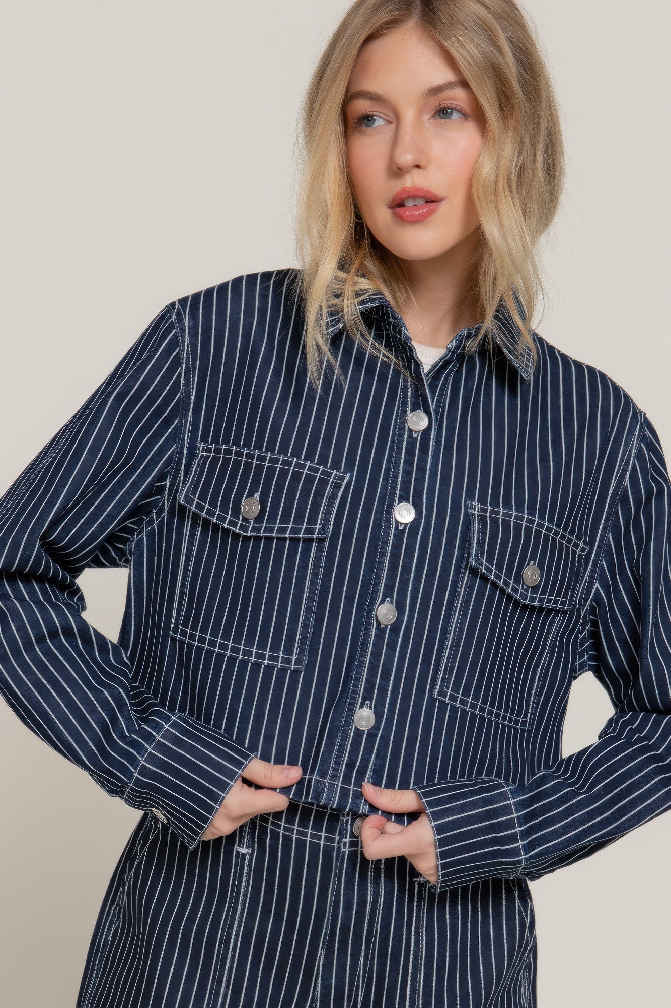 Button Down Stripe Denim Short Jacket product image