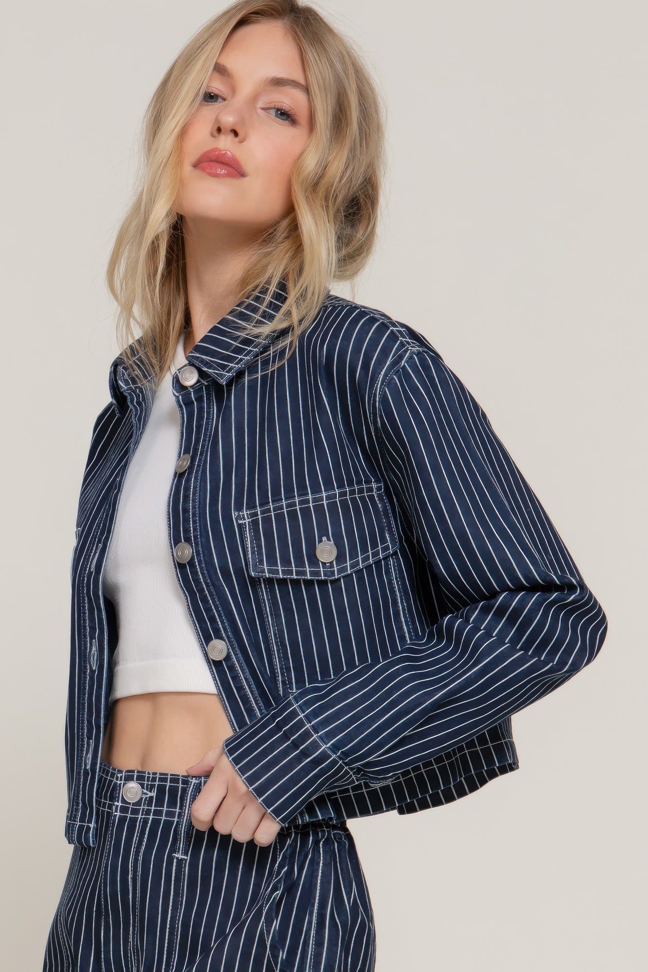 Button Down Stripe Denim Short Jacket product image