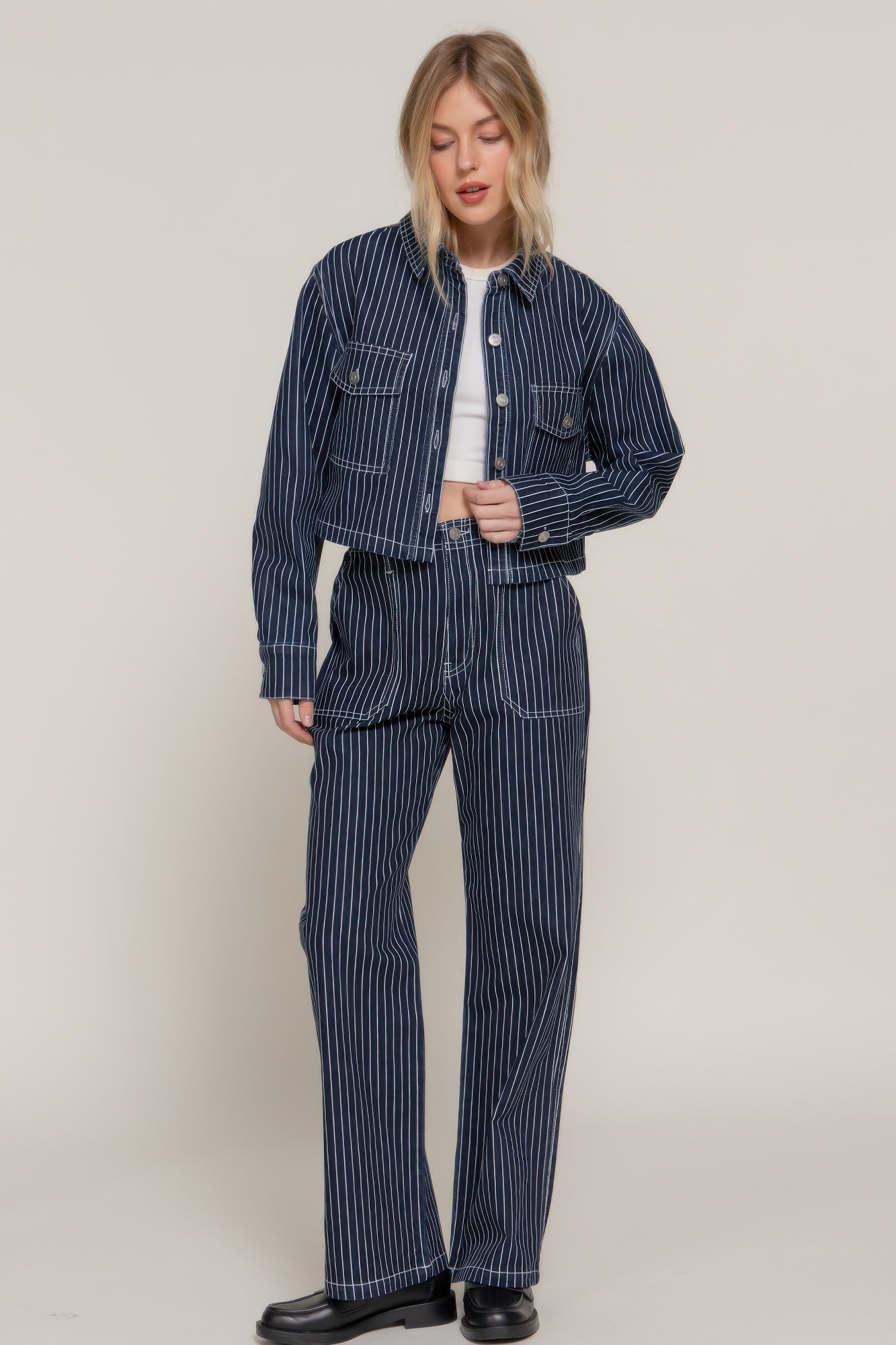 Button Down Stripe Denim Short Jacket product image