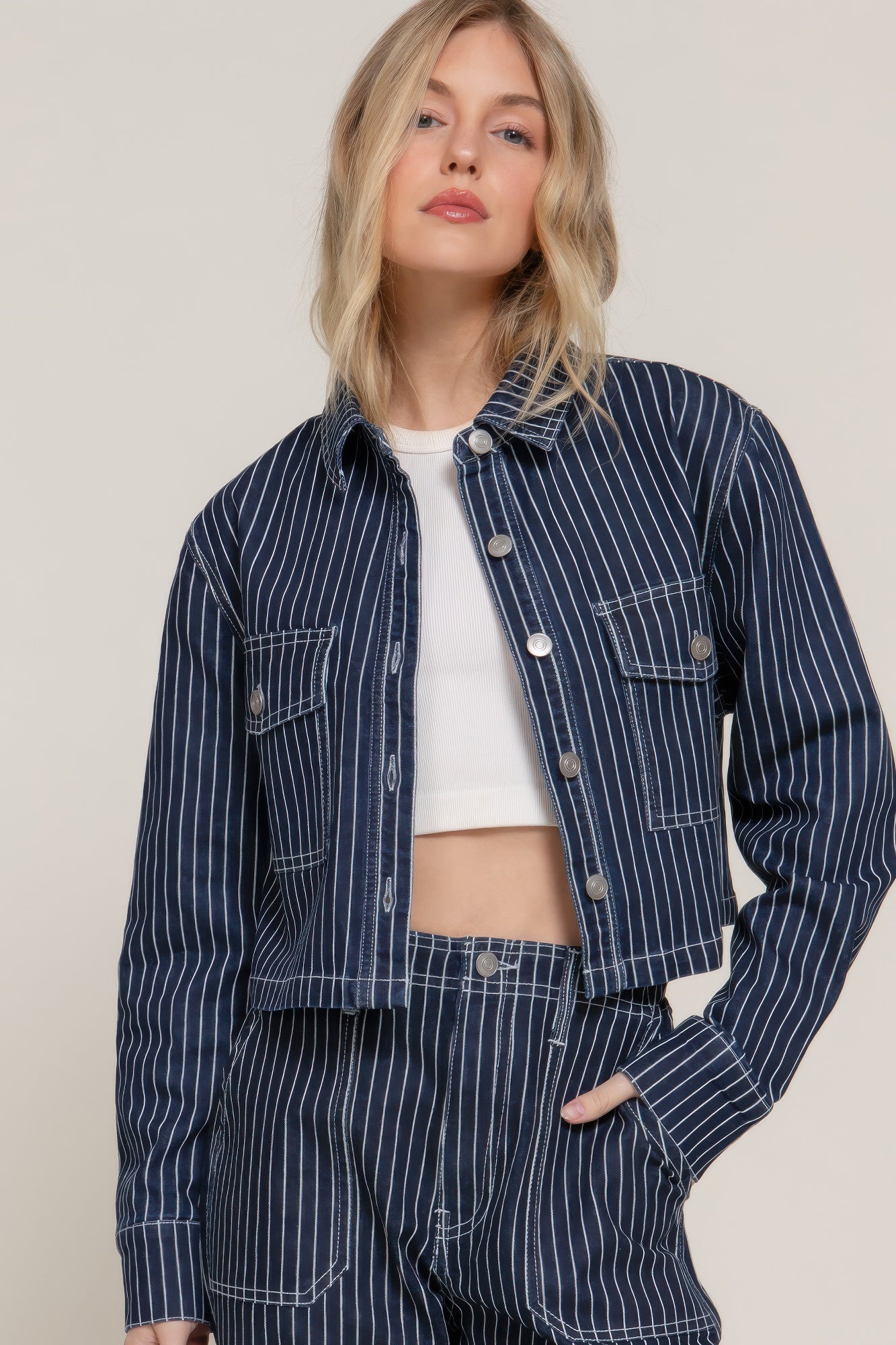 Button Down Stripe Denim Short Jacket product image