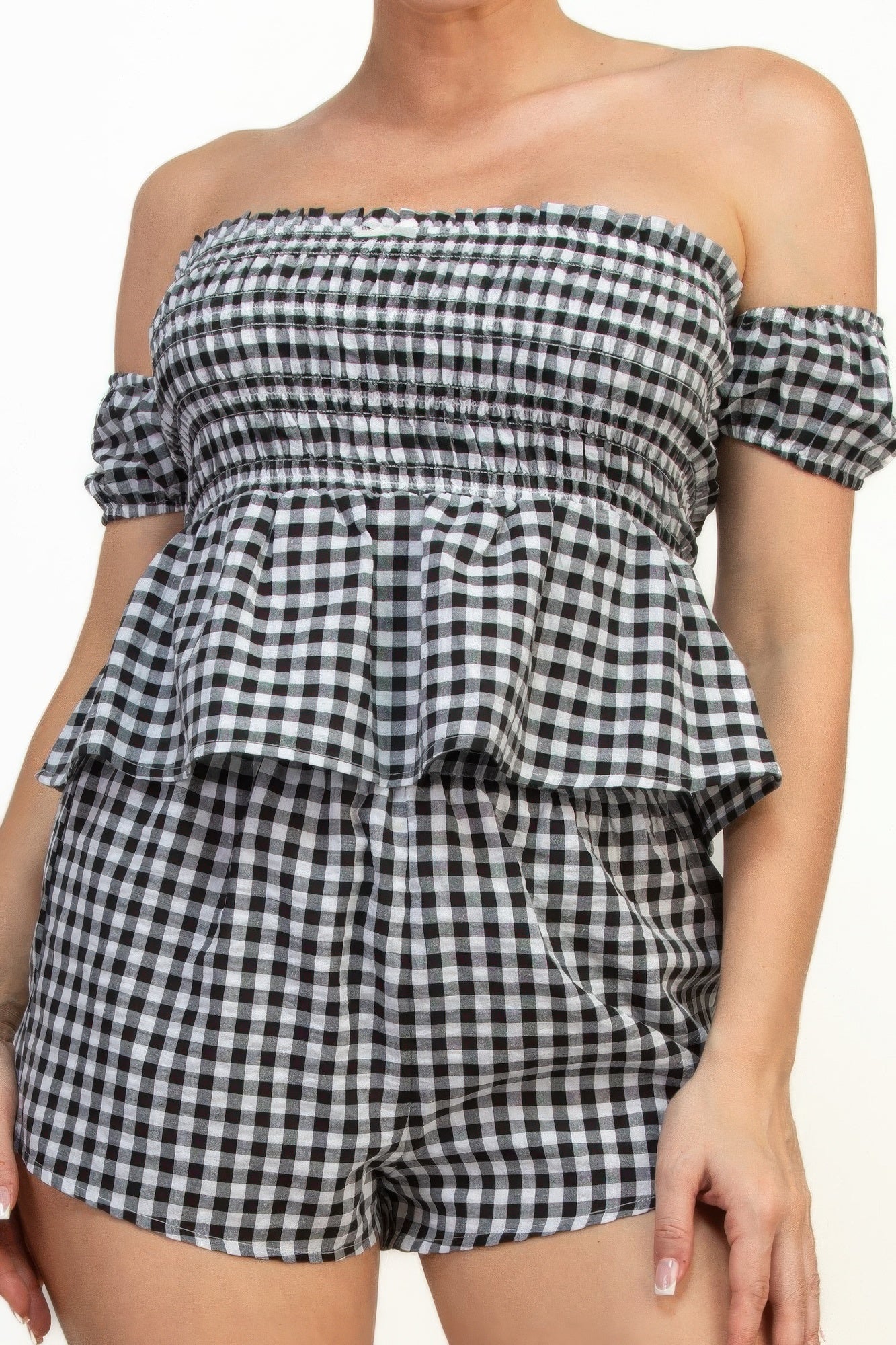 Off-shoulder Smock Gingham Top & Mini Short Sets product image