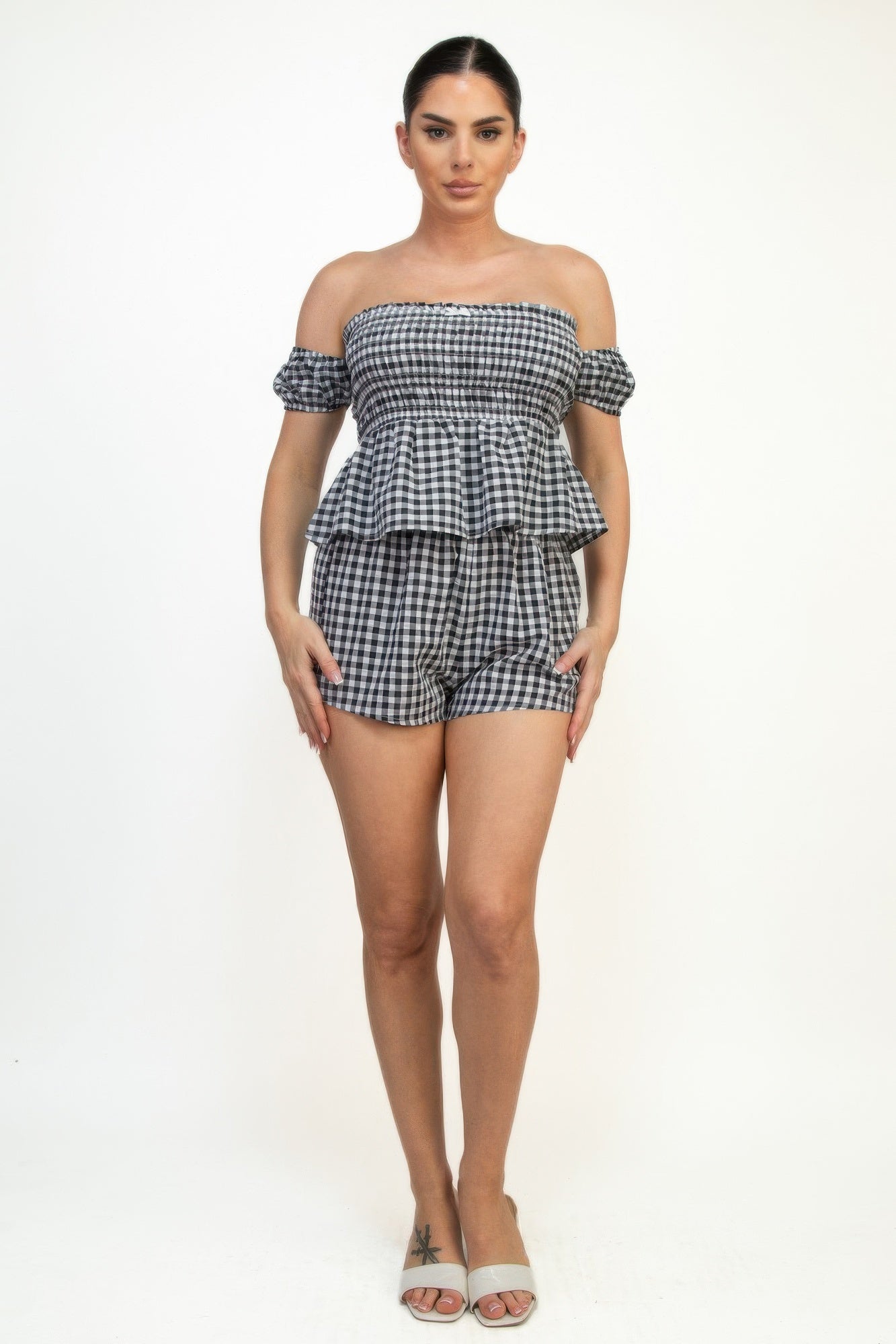 Off-shoulder Smock Gingham Top & Mini Short Sets product image