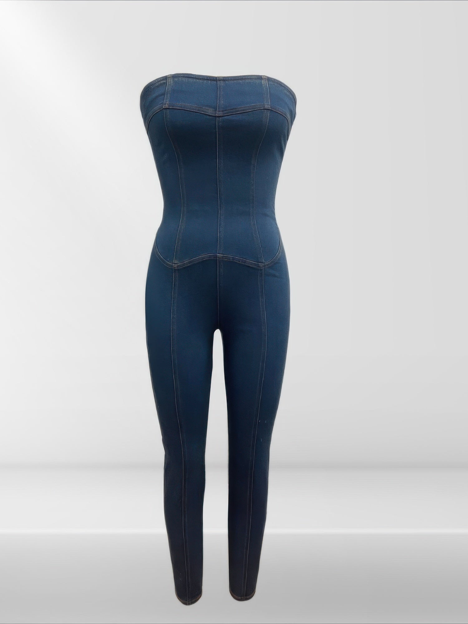 Strapless Denim Jumpsuit With Lace Up Back product image